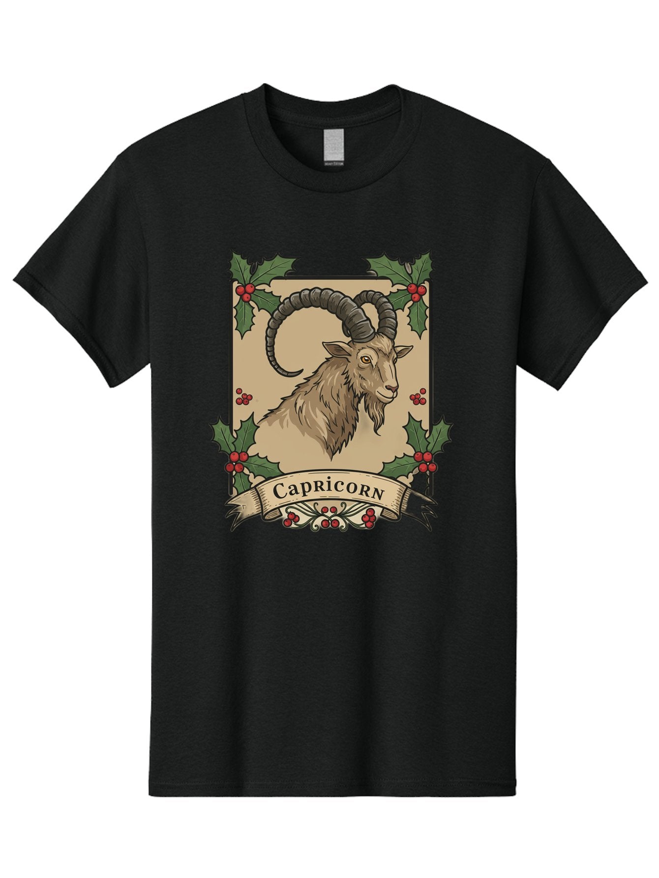 Capricorn-Goat Men'S Graphic Tee, 100% Cotton, Comfortable Casual Summer Wear, Machine Washable, Capricorn Zodiac Sign, Goat Illustration, Curved Horns, Vintage Design, Holly Leaves, Red Berries, Decorative Banner, Astrology Symbol, Bae146 3