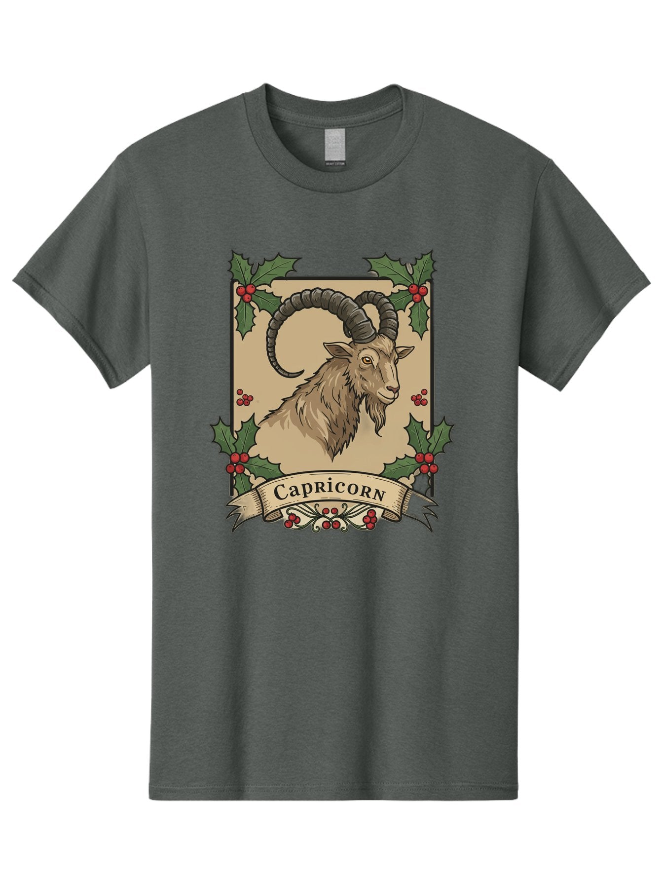 Capricorn-Goat Men'S Graphic Tee, 100% Cotton, Comfortable Casual Summer Wear, Machine Washable, Capricorn Zodiac Sign, Goat Illustration, Curved Horns, Vintage Design, Holly Leaves, Red Berries, Decorative Banner, Astrology Symbol, Bae146 7