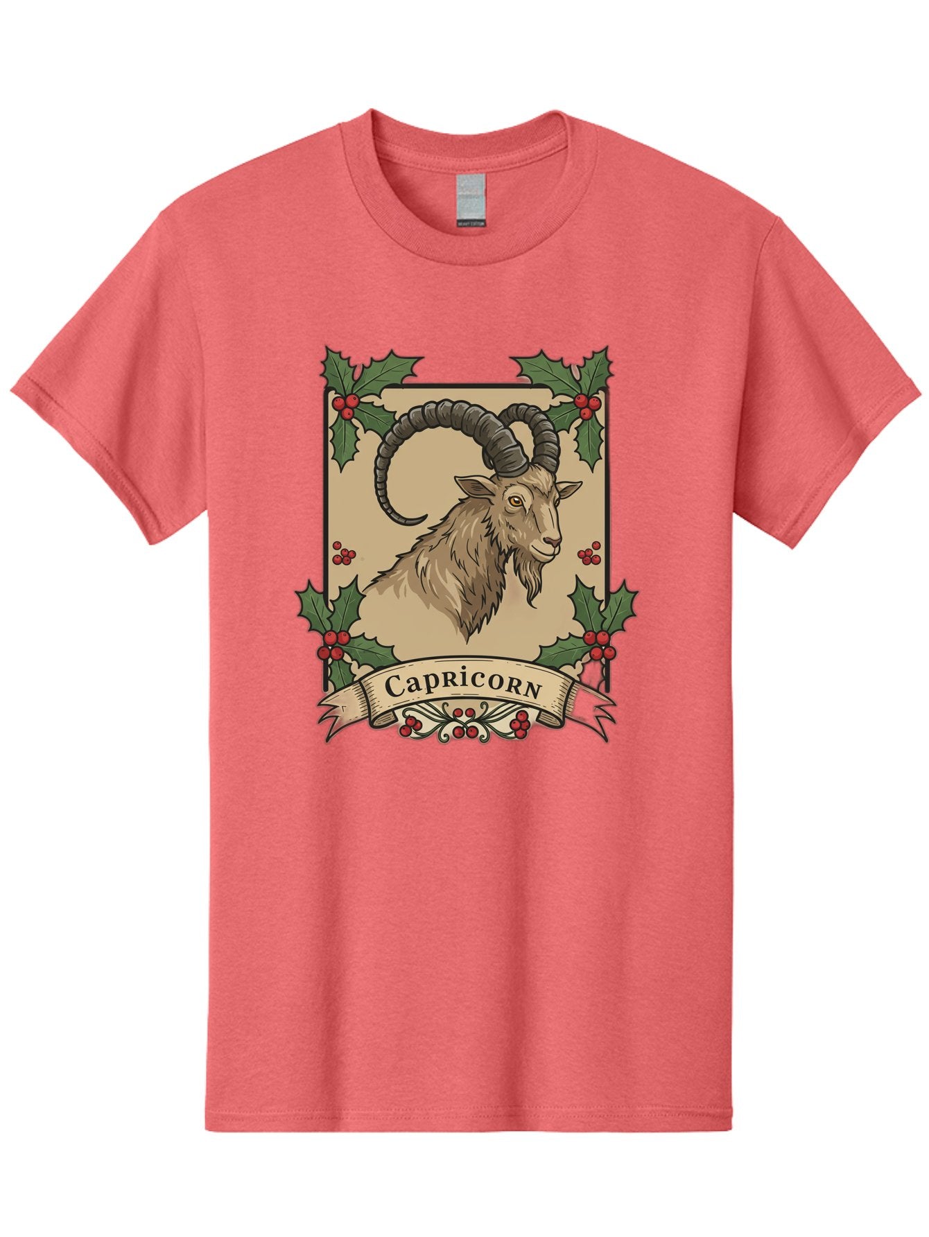 Capricorn-Goat Men'S Graphic Tee, 100% Cotton, Comfortable Casual Summer Wear, Machine Washable, Capricorn Zodiac Sign, Goat Illustration, Curved Horns, Vintage Design, Holly Leaves, Red Berries, Decorative Banner, Astrology Symbol, Bae146 4