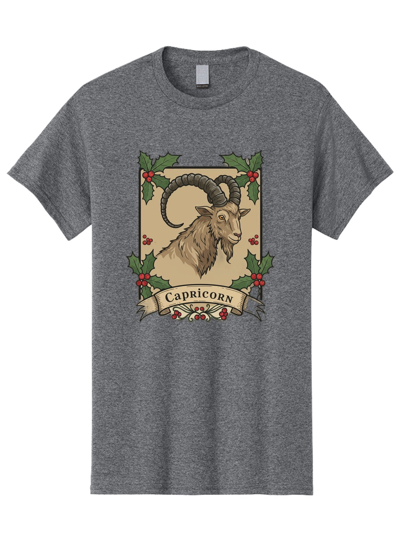 Capricorn-Goat Men'S Graphic Tee, 100% Cotton, Comfortable Casual Summer Wear, Machine Washable, Capricorn Zodiac Sign, Goat Illustration, Curved Horns, Vintage Design, Holly Leaves, Red Berries, Decorative Banner, Astrology Symbol, Bae146 9
