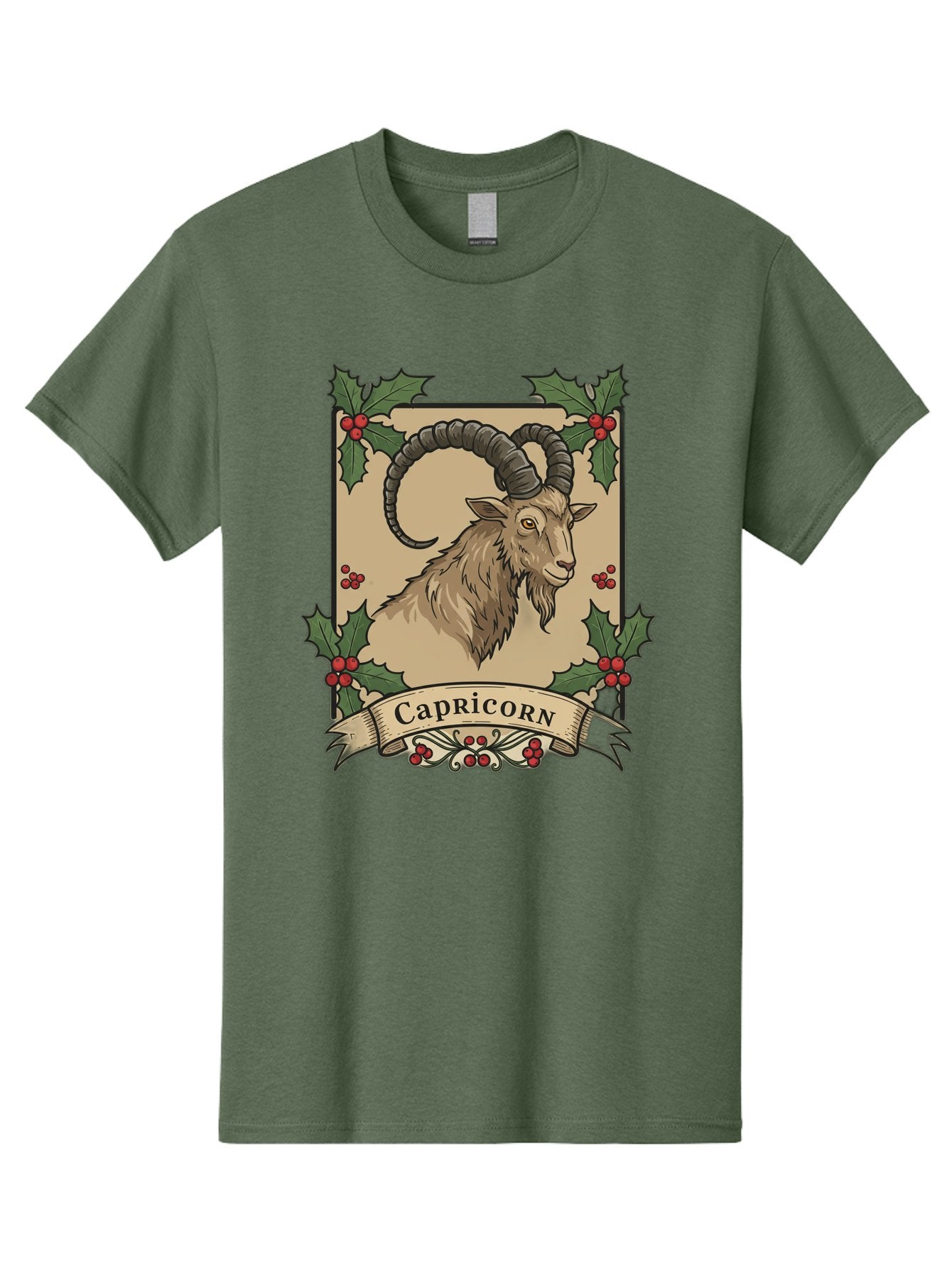 Capricorn-Goat Men'S Graphic Tee, 100% Cotton, Comfortable Casual Summer Wear, Machine Washable, Capricorn Zodiac Sign, Goat Illustration, Curved Horns, Vintage Design, Holly Leaves, Red Berries, Decorative Banner, Astrology Symbol, Bae146 14