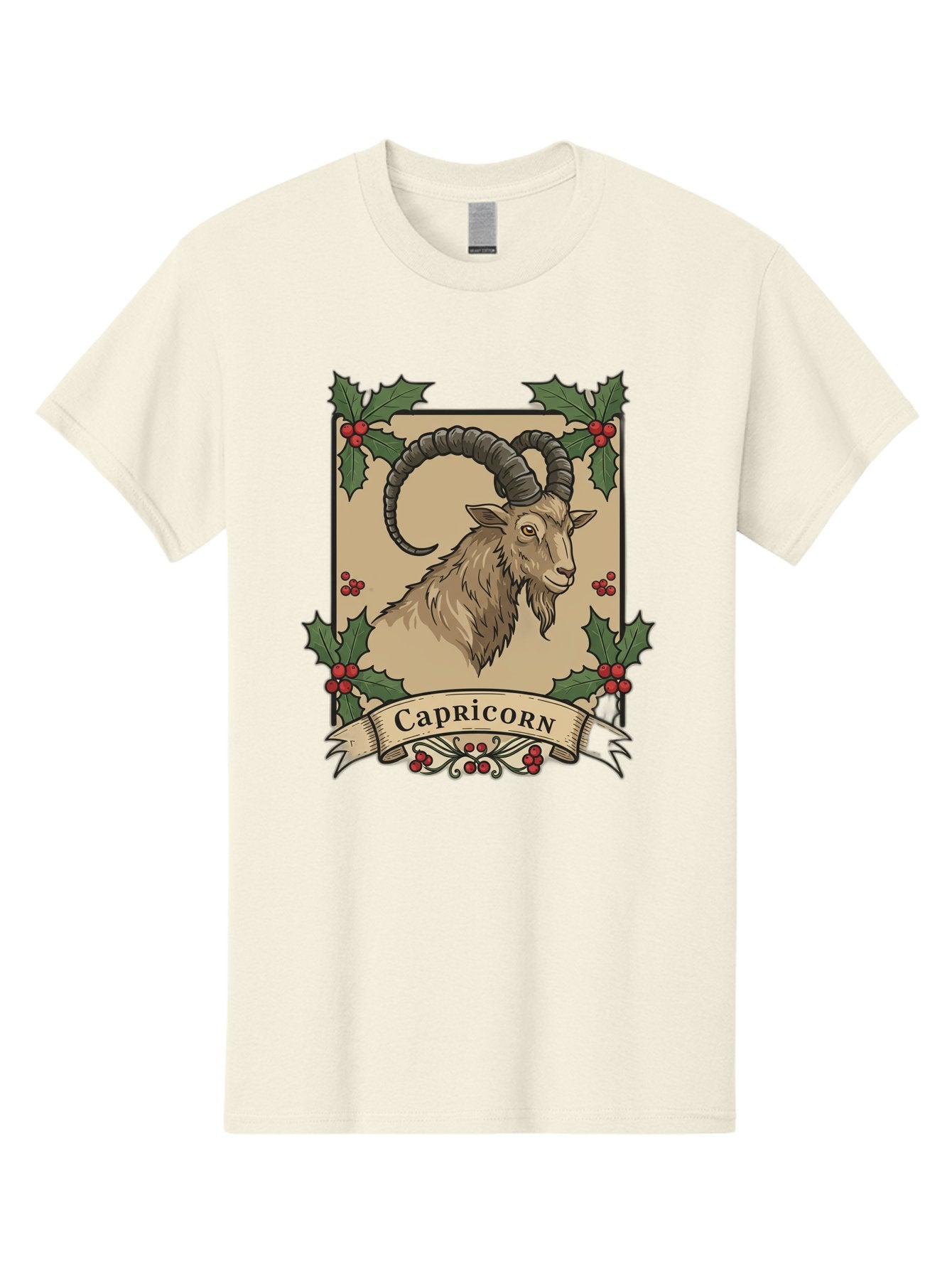 Capricorn-Goat Men'S Graphic Tee, 100% Cotton, Comfortable Casual Summer Wear, Machine Washable, Capricorn Zodiac Sign, Goat Illustration, Curved Horns, Vintage Design, Holly Leaves, Red Berries, Decorative Banner, Astrology Symbol, Bae146