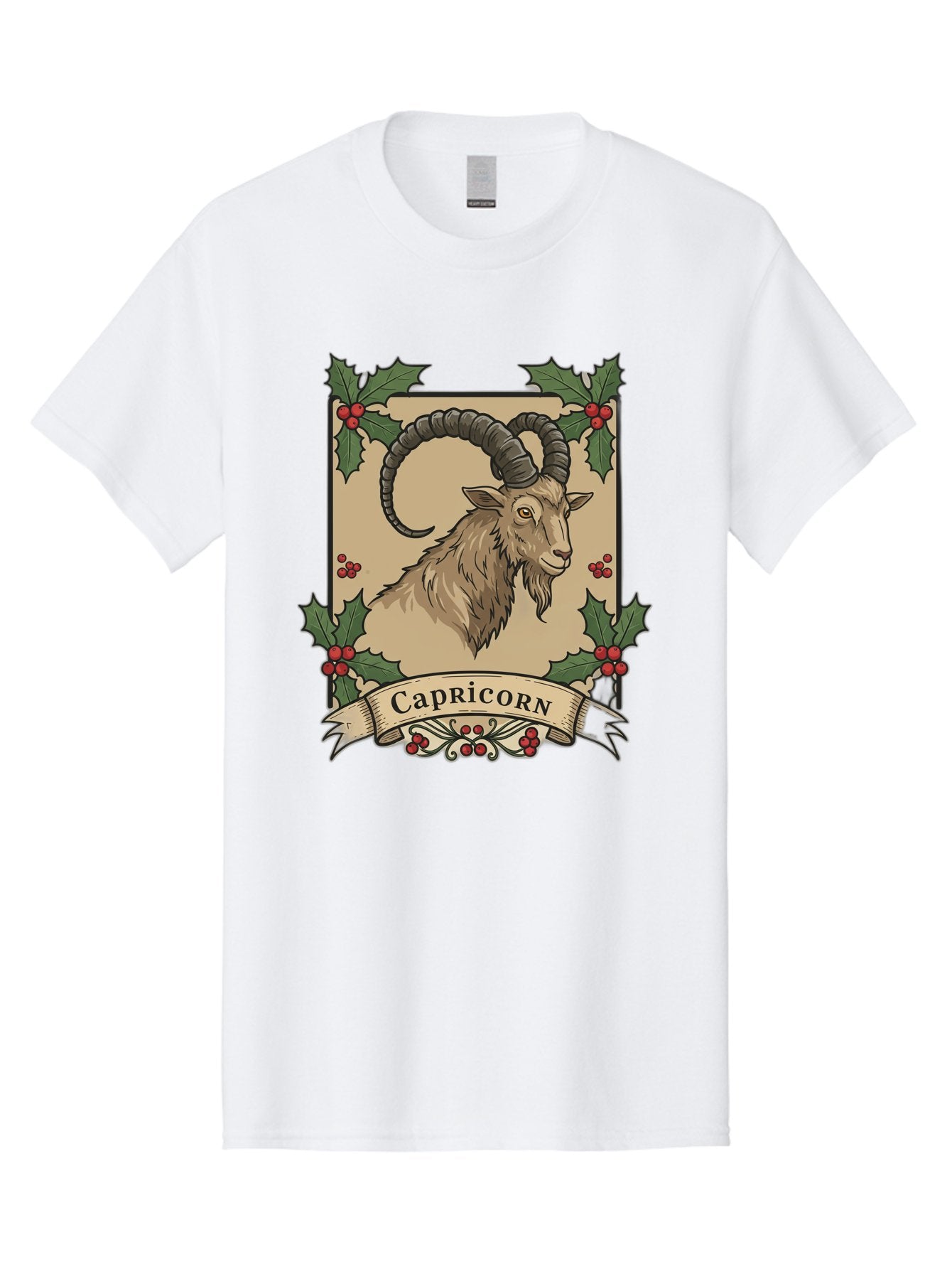 Capricorn-Goat Men'S Graphic Tee, 100% Cotton, Comfortable Casual Summer Wear, Machine Washable, Capricorn Zodiac Sign, Goat Illustration, Curved Horns, Vintage Design, Holly Leaves, Red Berries, Decorative Banner, Astrology Symbol, Bae146 13