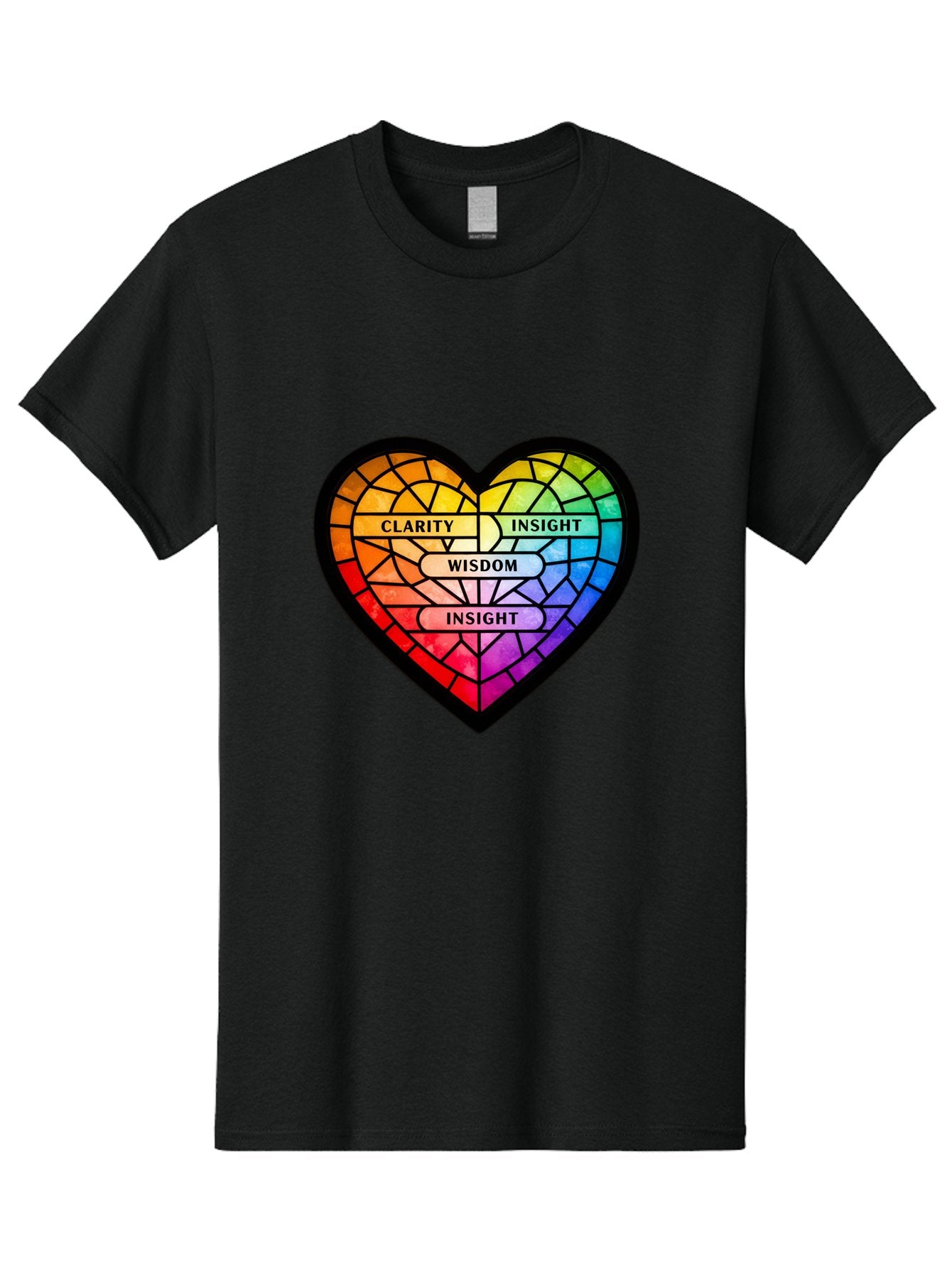 Clarity-Insight-Wisdom Men'S Graphic Tee, 100% Cotton, Comfortable Casual Summer Wear, Machine Washable, Stained Glass Heart, Rainbow Colors, Clarity, Insight, Wisdom, Inspirational Art, Colorful Design, Motivational Quotes, Vibrant Heart Bae150 12