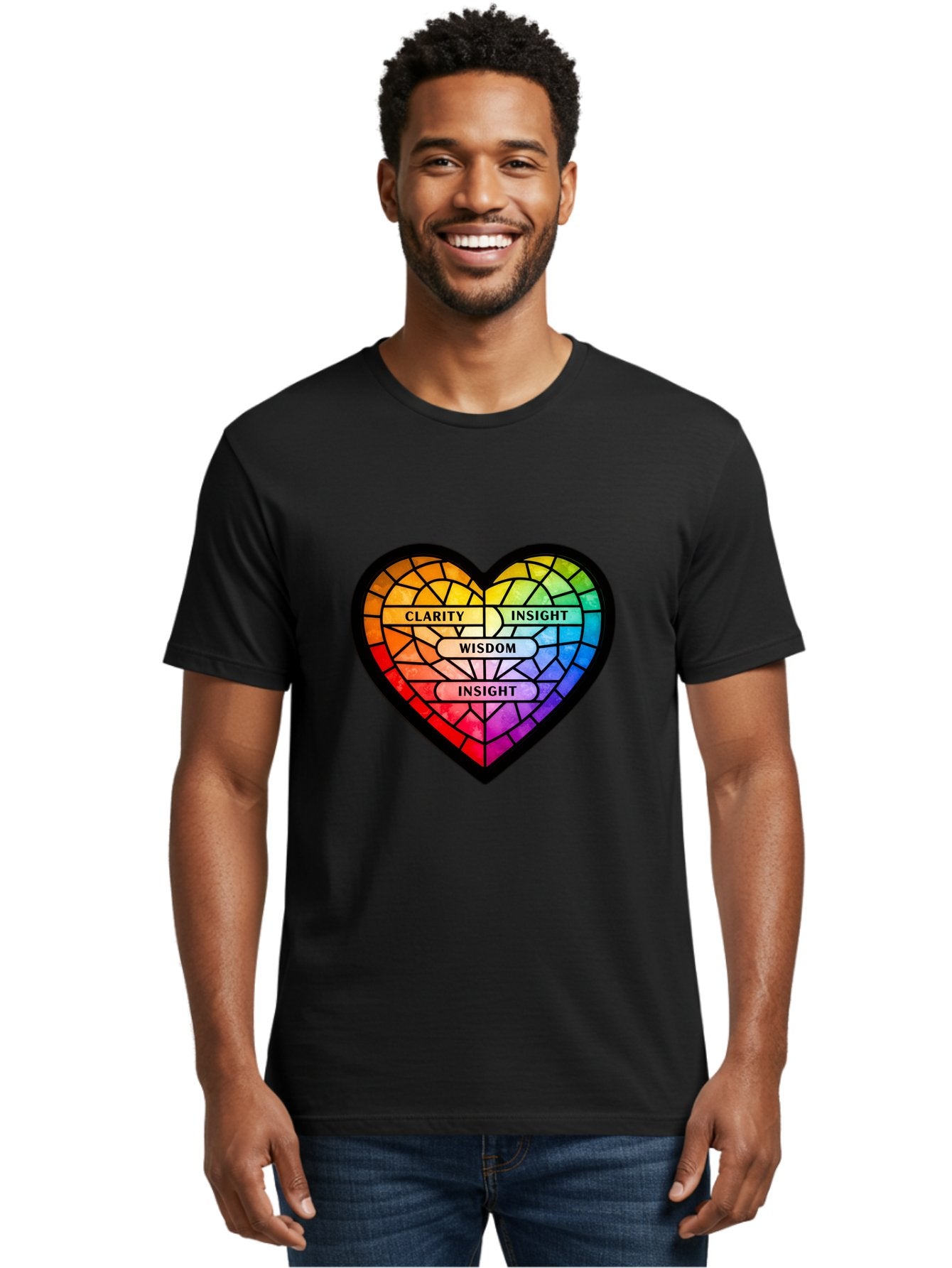 Clarity-Insight-Wisdom Men'S Graphic Tee, 100% Cotton, Comfortable Casual Summer Wear, Machine Washable, Stained Glass Heart, Rainbow Colors, Clarity, Insight, Wisdom, Inspirational Art, Colorful Design, Motivational Quotes, Vibrant Heart Bae150 28