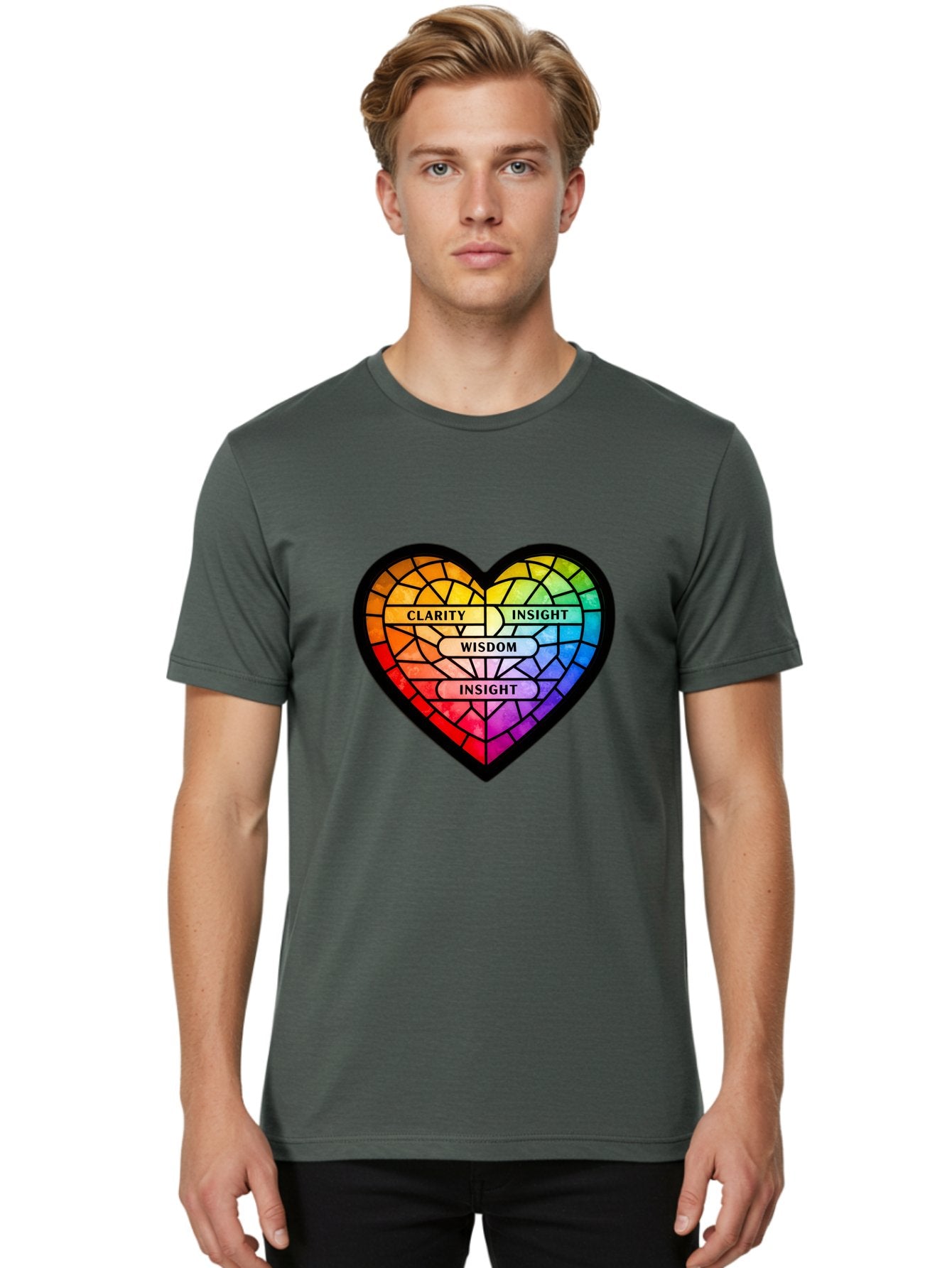Clarity-Insight-Wisdom Men'S Graphic Tee, 100% Cotton, Comfortable Casual Summer Wear, Machine Washable, Stained Glass Heart, Rainbow Colors, Clarity, Insight, Wisdom, Inspirational Art, Colorful Design, Motivational Quotes, Vibrant Heart Bae150 25