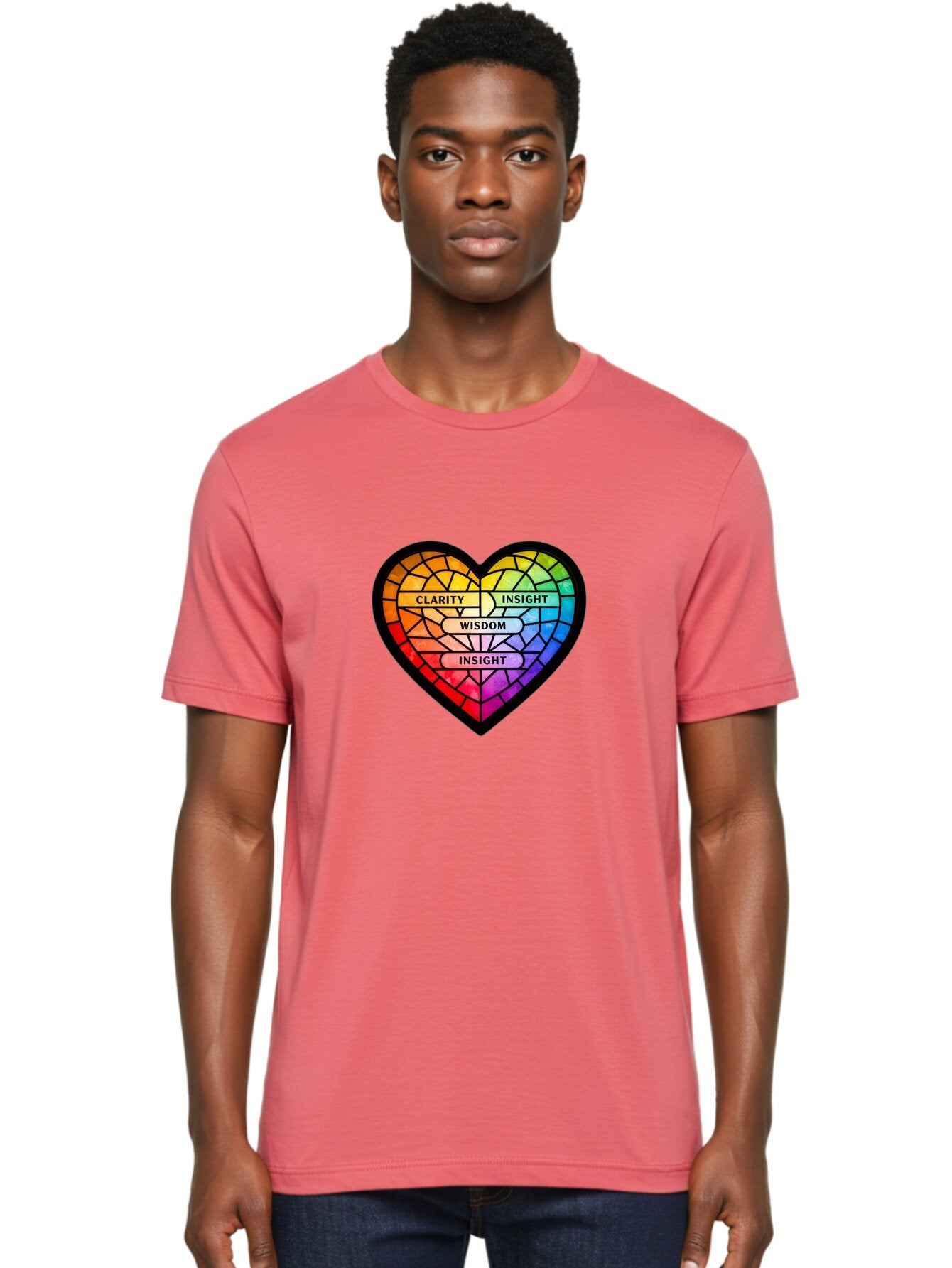 Clarity-Insight-Wisdom Men'S Graphic Tee, 100% Cotton, Comfortable Casual Summer Wear, Machine Washable, Stained Glass Heart, Rainbow Colors, Clarity, Insight, Wisdom, Inspirational Art, Colorful Design, Motivational Quotes, Vibrant Heart Bae150 21