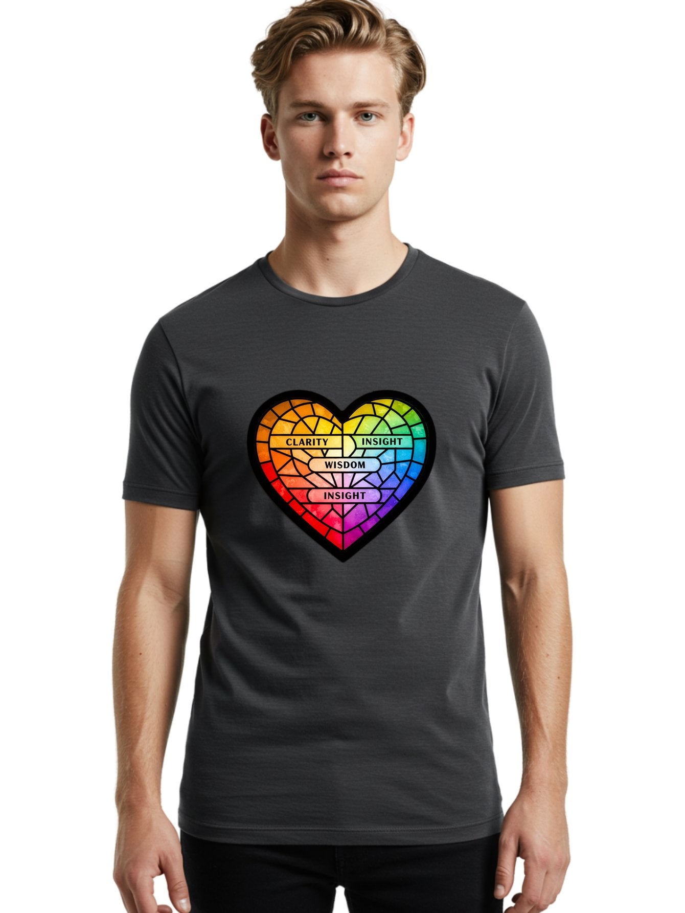 Clarity-Insight-Wisdom Men'S Graphic Tee, 100% Cotton, Comfortable Casual Summer Wear, Machine Washable, Stained Glass Heart, Rainbow Colors, Clarity, Insight, Wisdom, Inspirational Art, Colorful Design, Motivational Quotes, Vibrant Heart Bae150 24