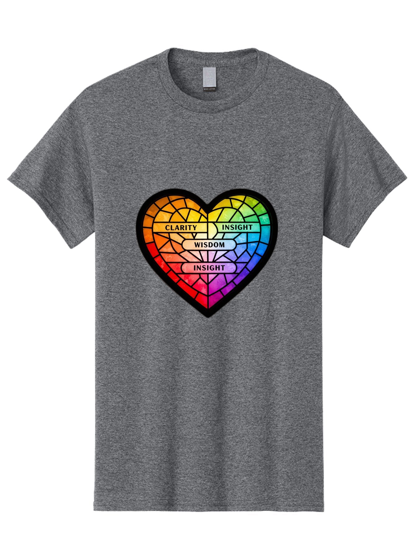 Clarity-Insight-Wisdom Men'S Graphic Tee, 100% Cotton, Comfortable Casual Summer Wear, Machine Washable, Stained Glass Heart, Rainbow Colors, Clarity, Insight, Wisdom, Inspirational Art, Colorful Design, Motivational Quotes, Vibrant Heart Bae150 10