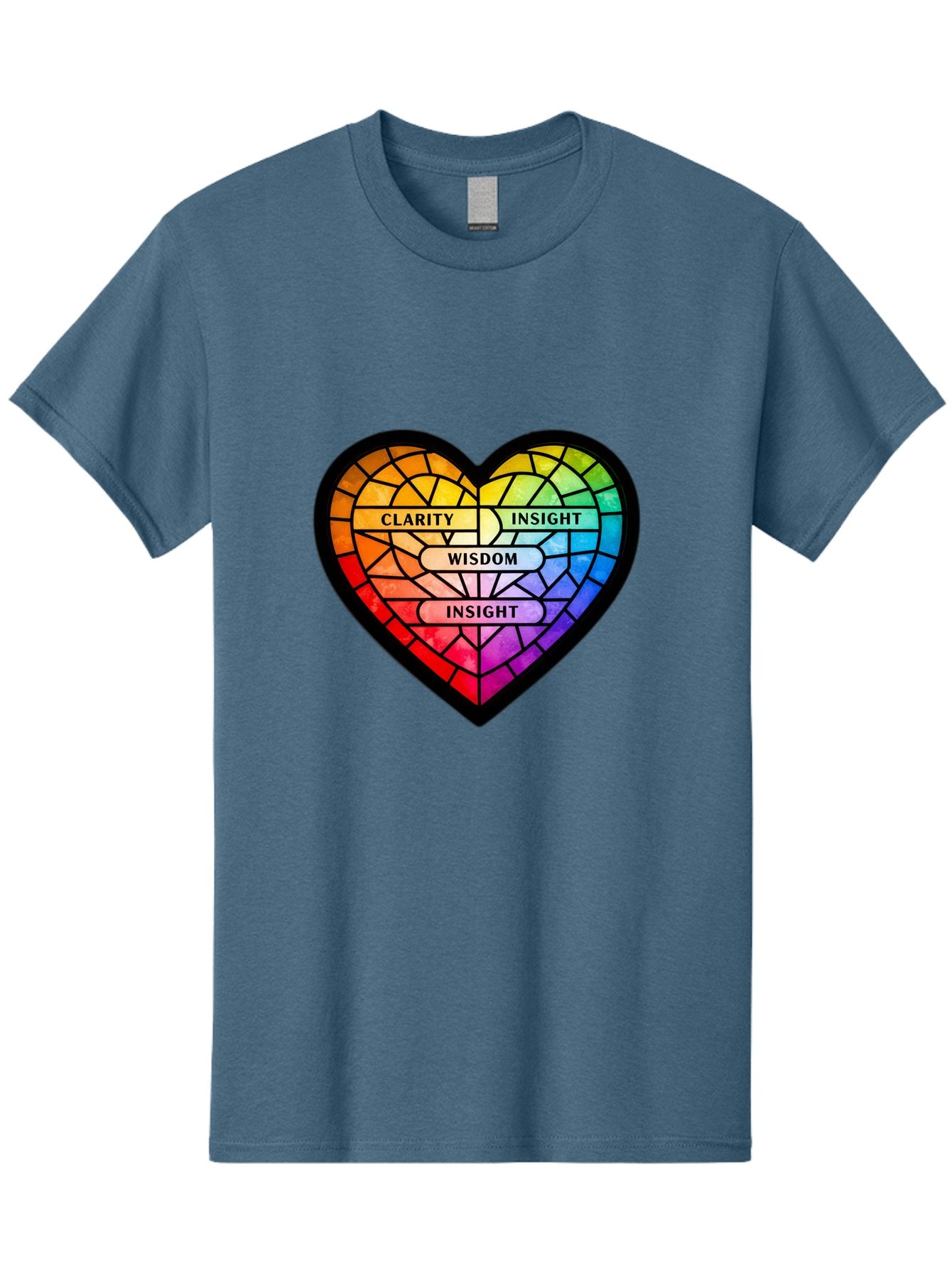 Clarity-Insight-Wisdom Men'S Graphic Tee, 100% Cotton, Comfortable Casual Summer Wear, Machine Washable, Stained Glass Heart, Rainbow Colors, Clarity, Insight, Wisdom, Inspirational Art, Colorful Design, Motivational Quotes, Vibrant Heart Bae150