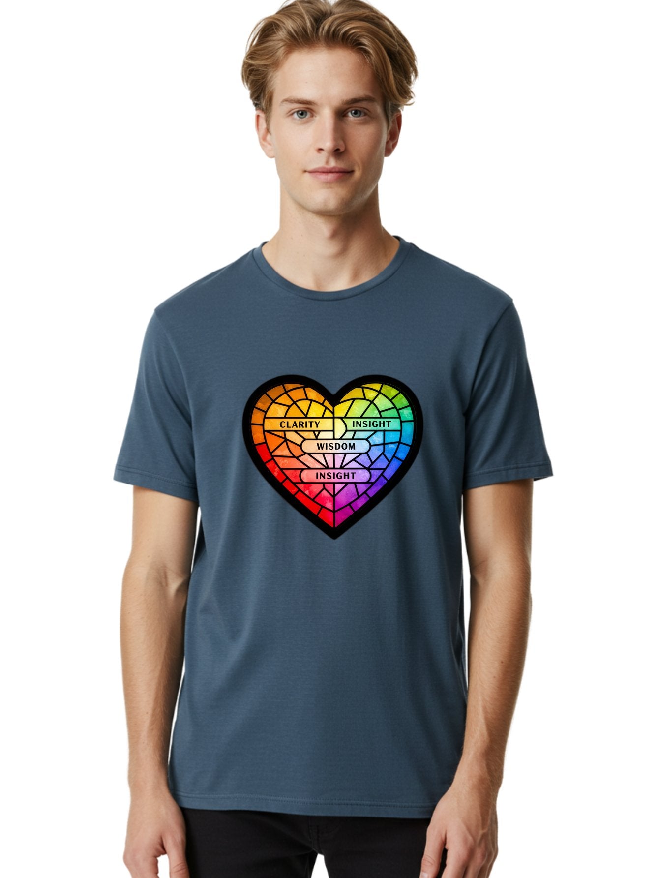 Clarity-Insight-Wisdom Men'S Graphic Tee, 100% Cotton, Comfortable Casual Summer Wear, Machine Washable, Stained Glass Heart, Rainbow Colors, Clarity, Insight, Wisdom, Inspirational Art, Colorful Design, Motivational Quotes, Vibrant Heart Bae150 19