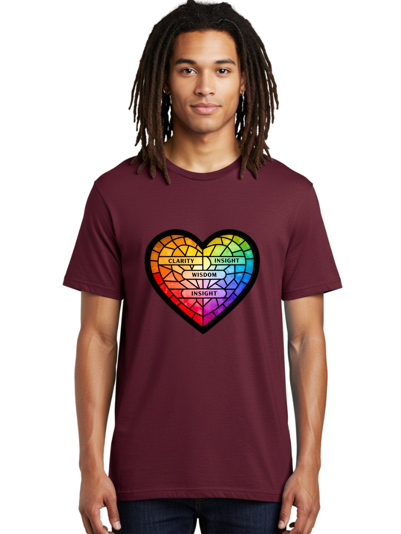 Clarity-Insight-Wisdom Men'S Graphic Tee, 100% Cotton, Comfortable Casual Summer Wear, Machine Washable, Stained Glass Heart, Rainbow Colors, Clarity, Insight, Wisdom, Inspirational Art, Colorful Design, Motivational Quotes, Vibrant Heart Bae150 27