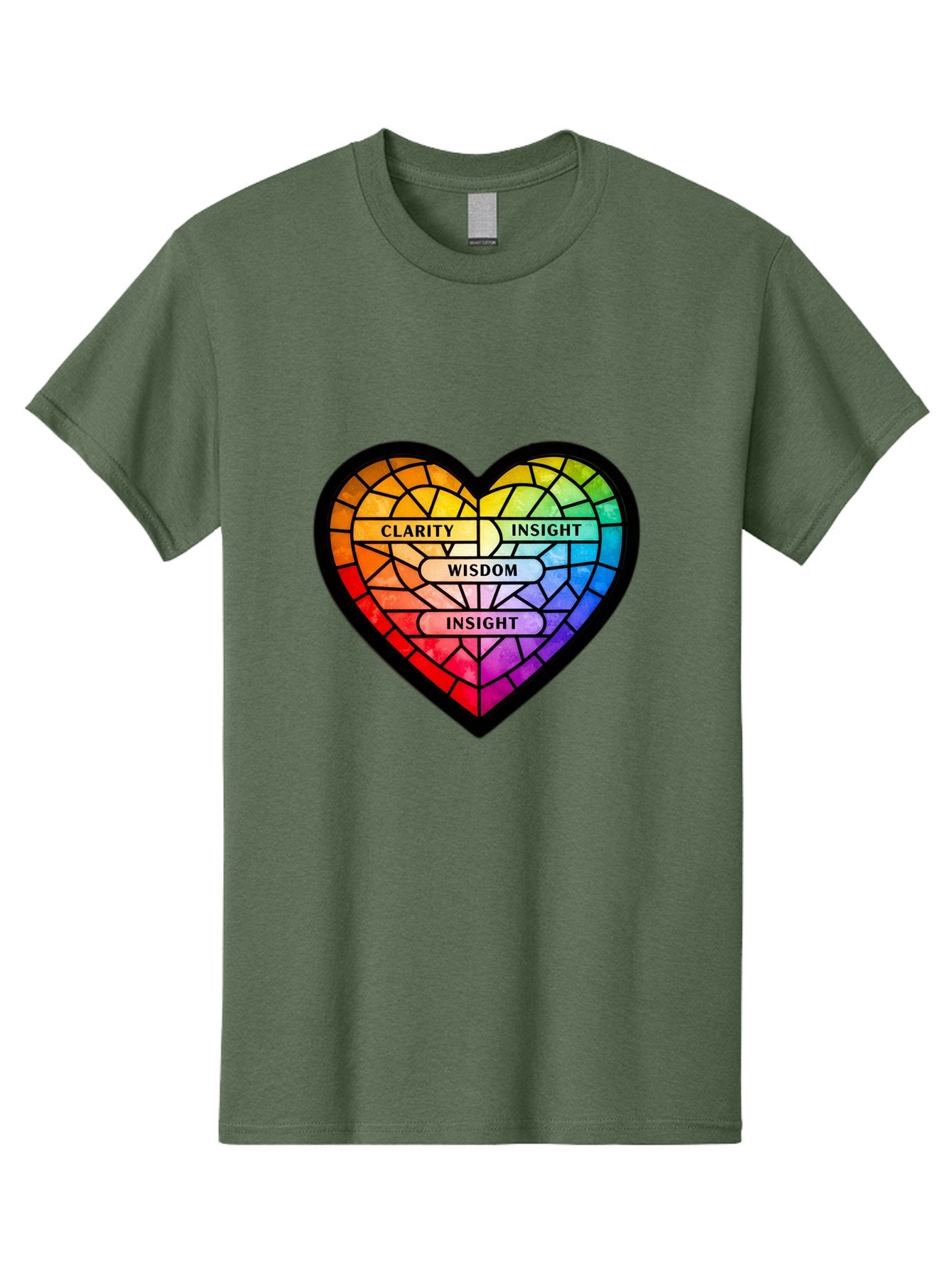 Clarity-Insight-Wisdom Men'S Graphic Tee, 100% Cotton, Comfortable Casual Summer Wear, Machine Washable, Stained Glass Heart, Rainbow Colors, Clarity, Insight, Wisdom, Inspirational Art, Colorful Design, Motivational Quotes, Vibrant Heart Bae150 5