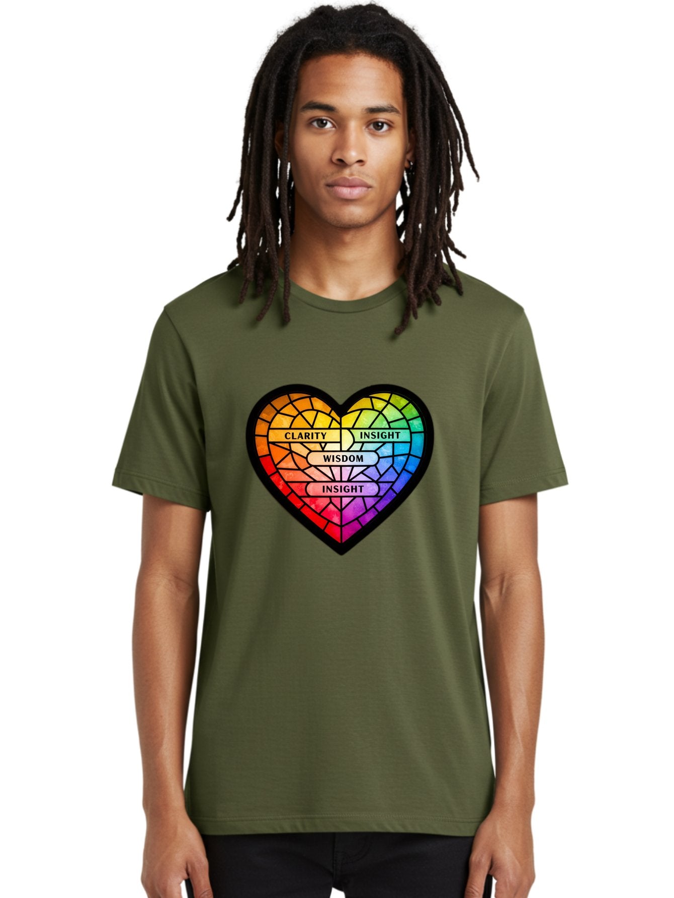 Clarity-Insight-Wisdom Men'S Graphic Tee, 100% Cotton, Comfortable Casual Summer Wear, Machine Washable, Stained Glass Heart, Rainbow Colors, Clarity, Insight, Wisdom, Inspirational Art, Colorful Design, Motivational Quotes, Vibrant Heart Bae150 23