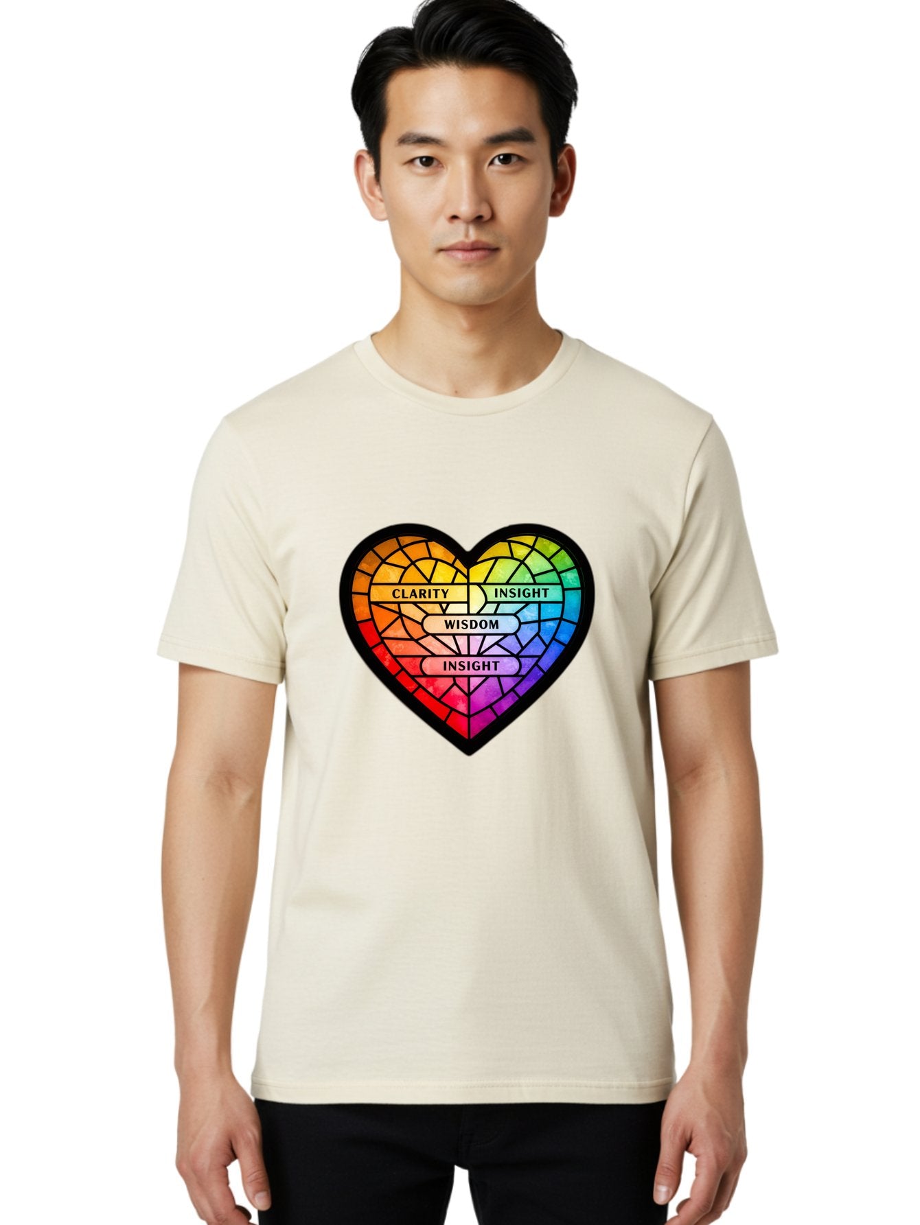 Clarity-Insight-Wisdom Men'S Graphic Tee, 100% Cotton, Comfortable Casual Summer Wear, Machine Washable, Stained Glass Heart, Rainbow Colors, Clarity, Insight, Wisdom, Inspirational Art, Colorful Design, Motivational Quotes, Vibrant Heart Bae150 22
