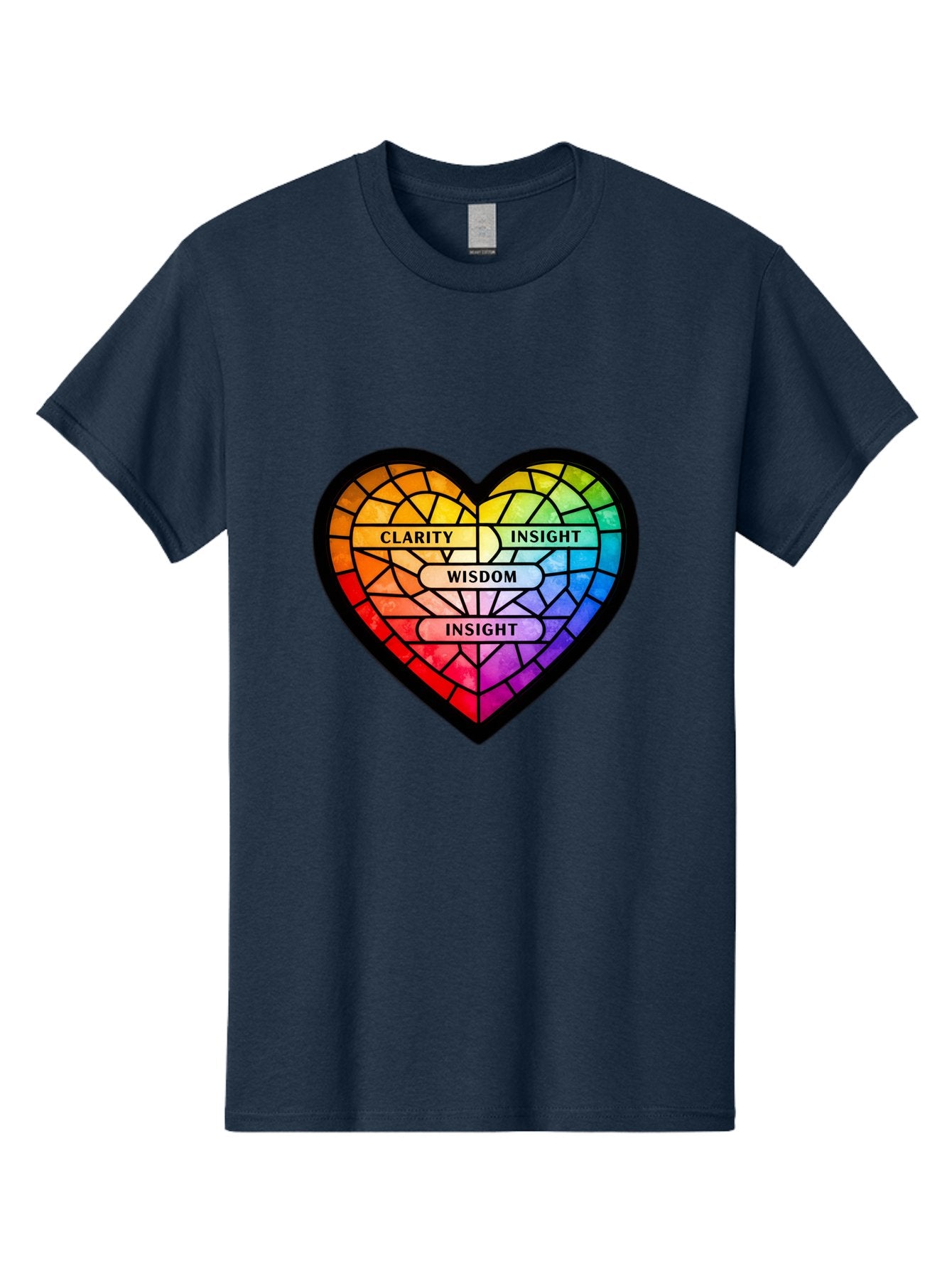 Clarity-Insight-Wisdom Men'S Graphic Tee, 100% Cotton, Comfortable Casual Summer Wear, Machine Washable, Stained Glass Heart, Rainbow Colors, Clarity, Insight, Wisdom, Inspirational Art, Colorful Design, Motivational Quotes, Vibrant Heart Bae150 13