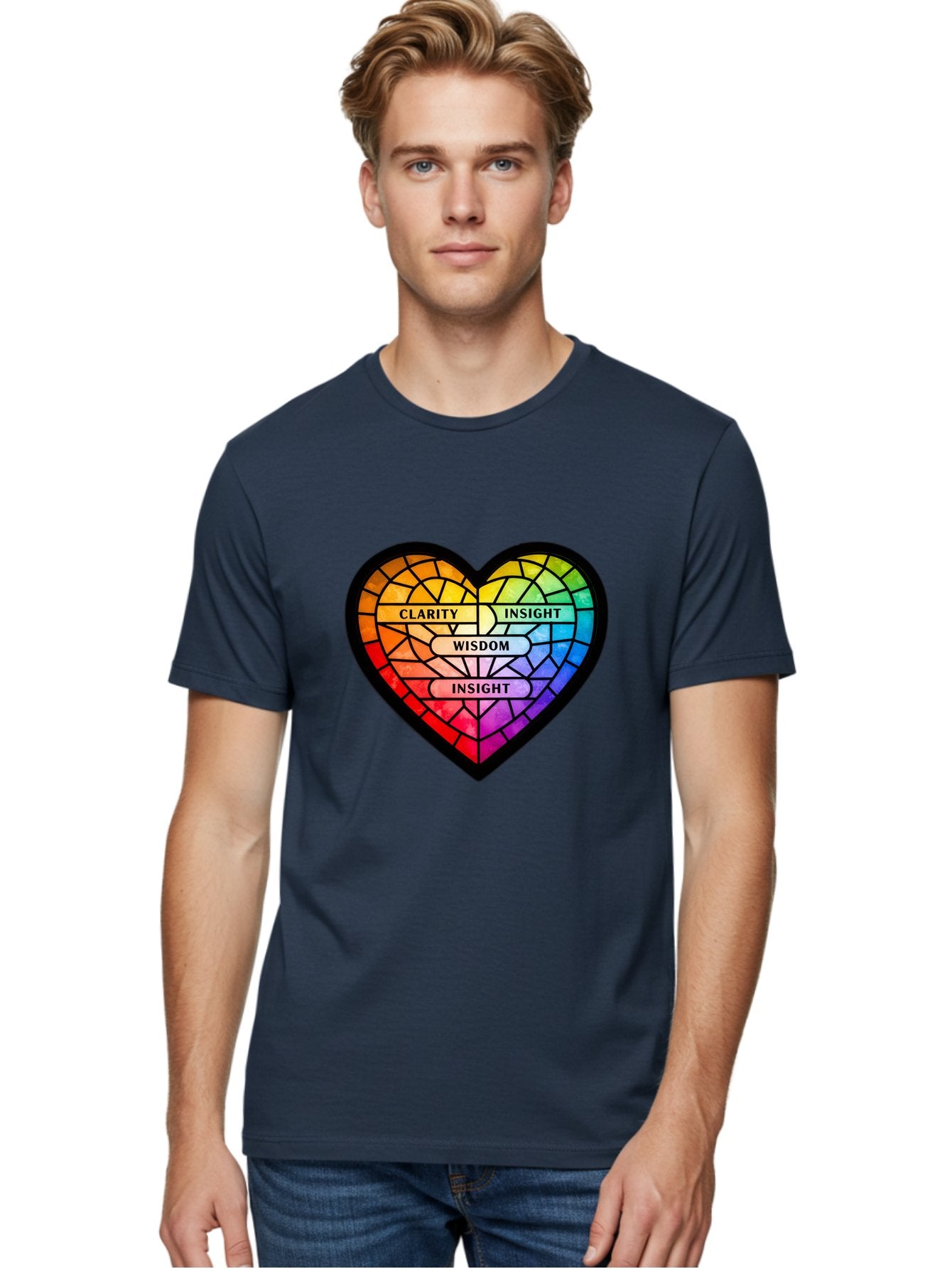 Clarity-Insight-Wisdom Men'S Graphic Tee, 100% Cotton, Comfortable Casual Summer Wear, Machine Washable, Stained Glass Heart, Rainbow Colors, Clarity, Insight, Wisdom, Inspirational Art, Colorful Design, Motivational Quotes, Vibrant Heart Bae150 20