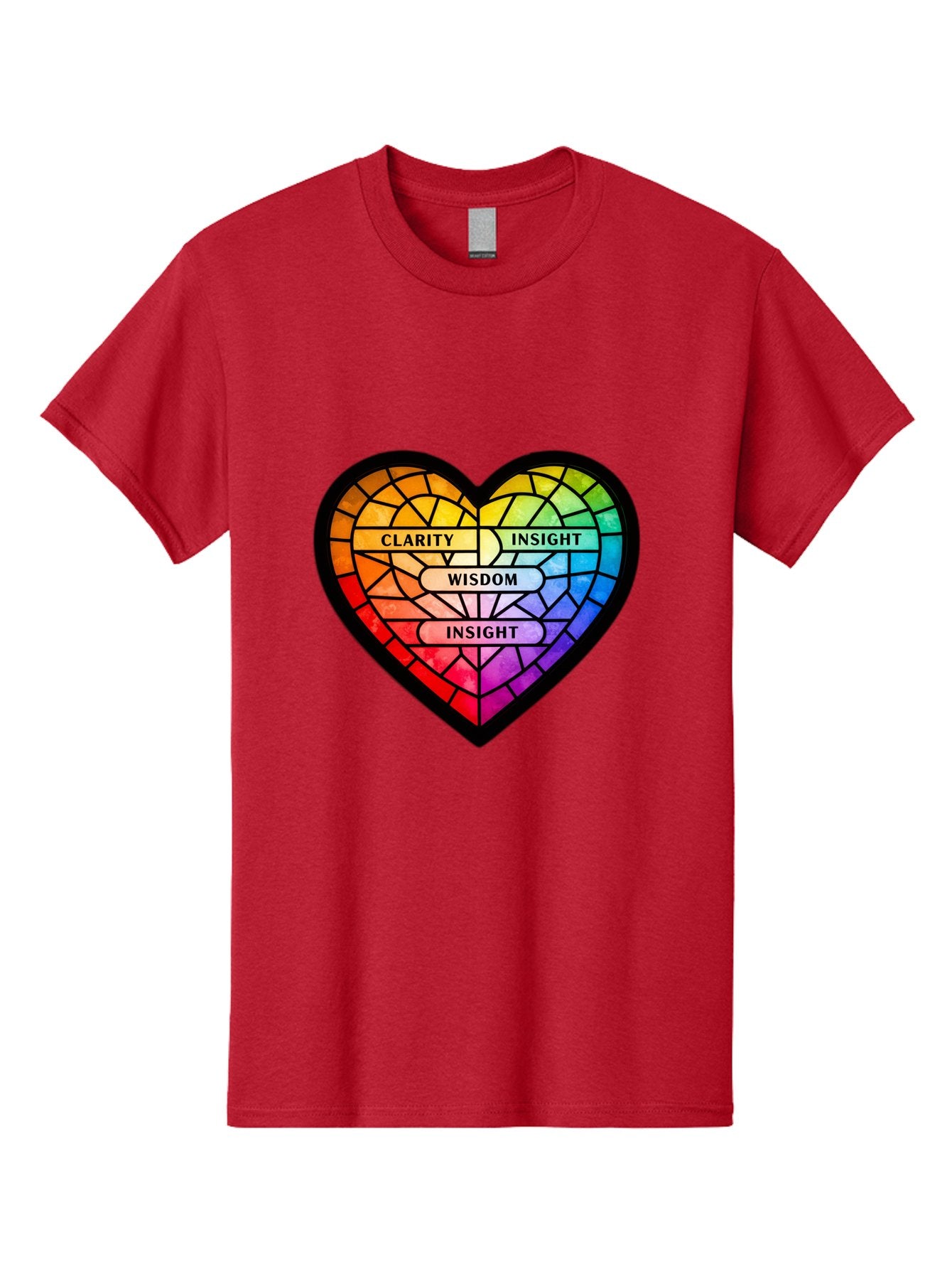 Clarity-Insight-Wisdom Men'S Graphic Tee, 100% Cotton, Comfortable Casual Summer Wear, Machine Washable, Stained Glass Heart, Rainbow Colors, Clarity, Insight, Wisdom, Inspirational Art, Colorful Design, Motivational Quotes, Vibrant Heart Bae150 15