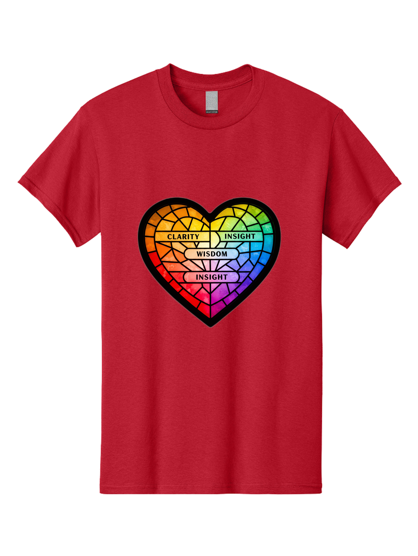 Clarity-Insight-Wisdom Men'S Graphic Tee, 100% Cotton, Comfortable Casual Summer Wear, Machine Washable, Stained Glass Heart, Rainbow Colors, Clarity, Insight, Wisdom, Inspirational Art, Colorful Design, Motivational Quotes, Vibrant Heart Bae150