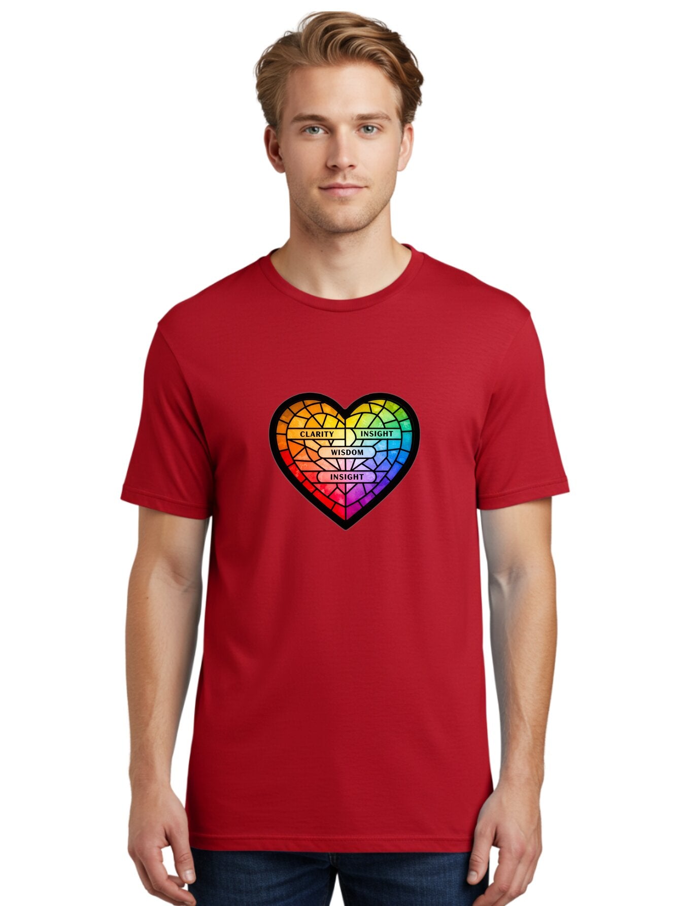 Clarity-Insight-Wisdom Men'S Graphic Tee, 100% Cotton, Comfortable Casual Summer Wear, Machine Washable, Stained Glass Heart, Rainbow Colors, Clarity, Insight, Wisdom, Inspirational Art, Colorful Design, Motivational Quotes, Vibrant Heart Bae150 30