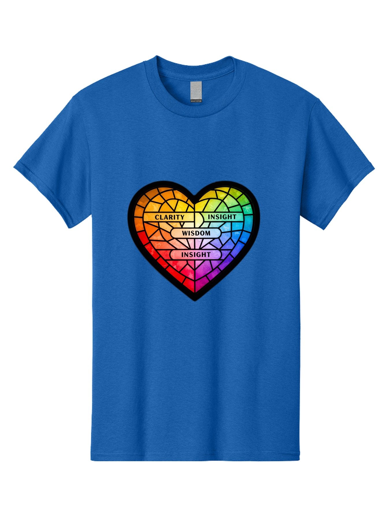 Clarity-Insight-Wisdom Men'S Graphic Tee, 100% Cotton, Comfortable Casual Summer Wear, Machine Washable, Stained Glass Heart, Rainbow Colors, Clarity, Insight, Wisdom, Inspirational Art, Colorful Design, Motivational Quotes, Vibrant Heart Bae150 7