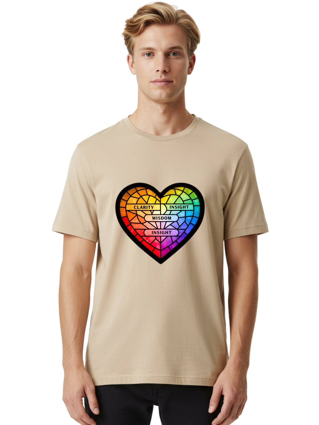 Clarity-Insight-Wisdom Men'S Graphic Tee, 100% Cotton, Comfortable Casual Summer Wear, Machine Washable, Stained Glass Heart, Rainbow Colors, Clarity, Insight, Wisdom, Inspirational Art, Colorful Design, Motivational Quotes, Vibrant Heart Bae150 26