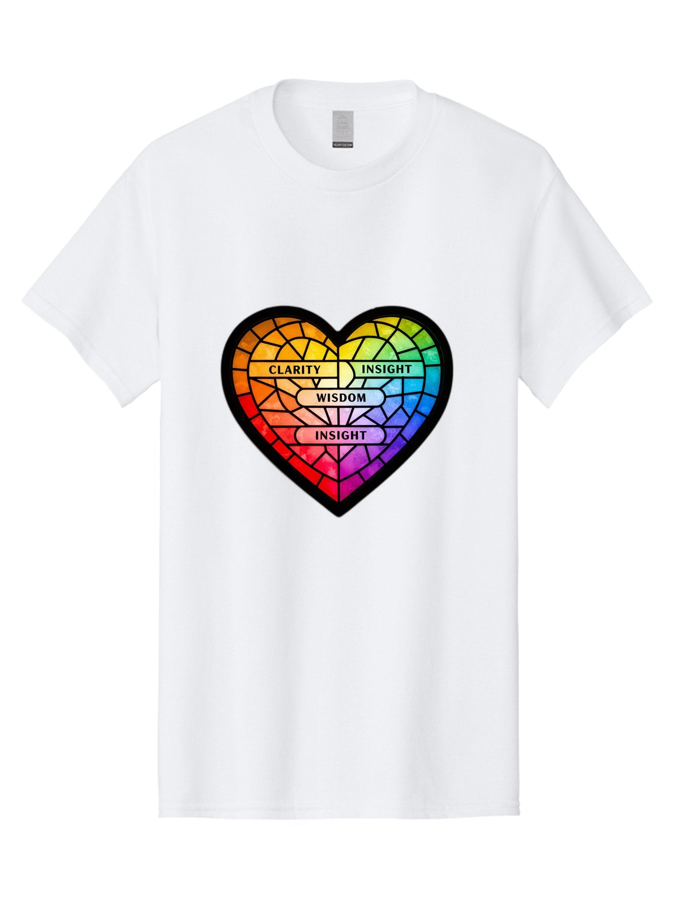 Clarity-Insight-Wisdom Men'S Graphic Tee, 100% Cotton, Comfortable Casual Summer Wear, Machine Washable, Stained Glass Heart, Rainbow Colors, Clarity, Insight, Wisdom, Inspirational Art, Colorful Design, Motivational Quotes, Vibrant Heart Bae150 4