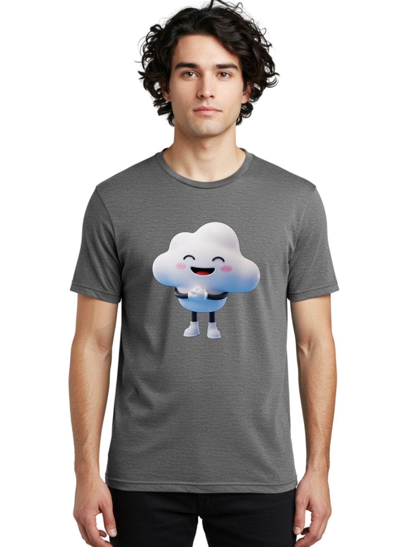 Cloud-Character Men'S Graphic Tee, 100% Cotton, Comfortable Casual Summer Wear, Machine Washable, Cartoon Cloud, Smiling Face, Rosy Cheeks, Happy Expression, Cute Design, Kawaii Character, Digital Illustration, Fluffy Cloud, Friendly Demeanor, Bae152 30