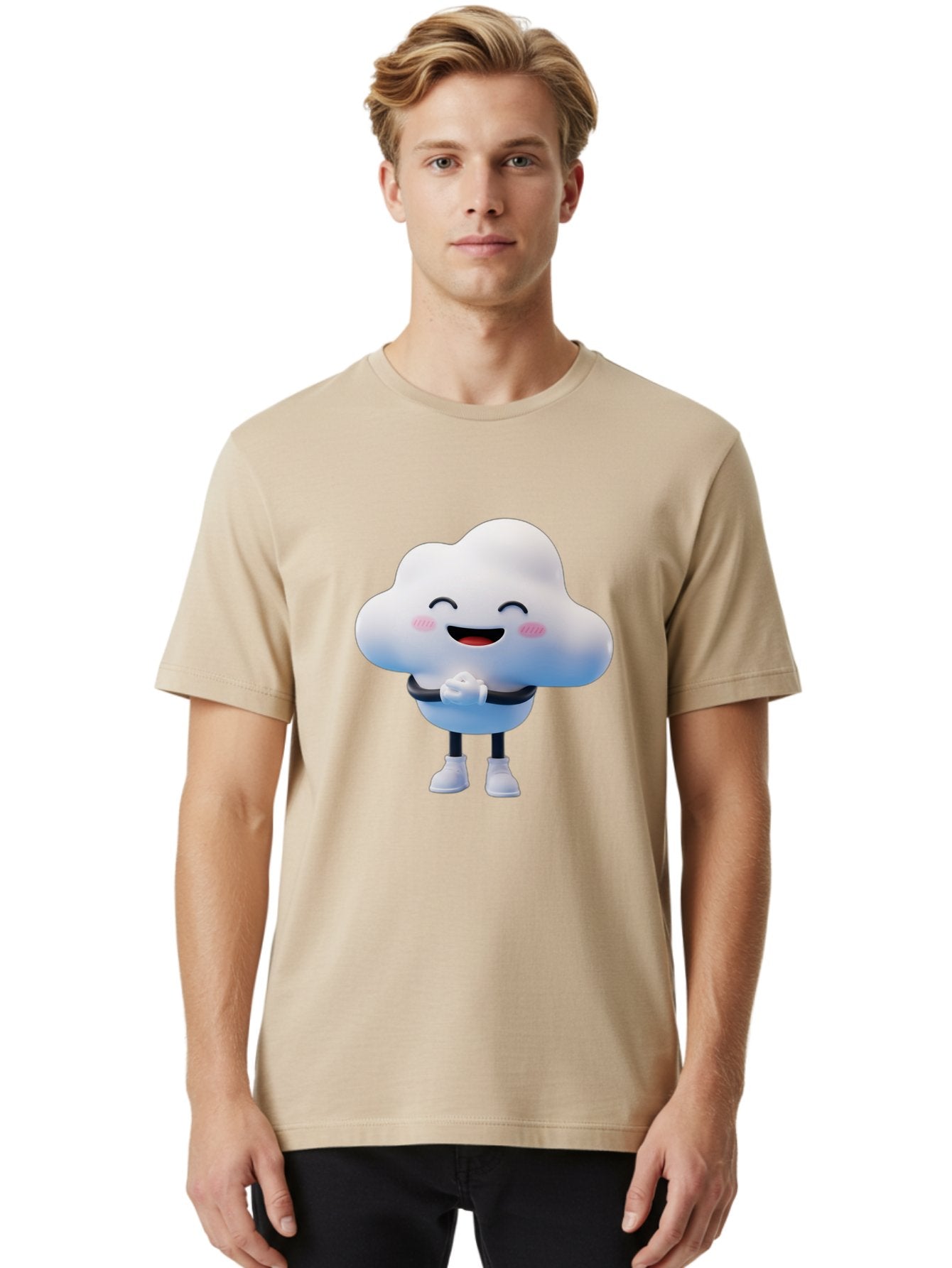 Cloud-Character Men'S Graphic Tee, 100% Cotton, Comfortable Casual Summer Wear, Machine Washable, Cartoon Cloud, Smiling Face, Rosy Cheeks, Happy Expression, Cute Design, Kawaii Character, Digital Illustration, Fluffy Cloud, Friendly Demeanor, Bae152 25