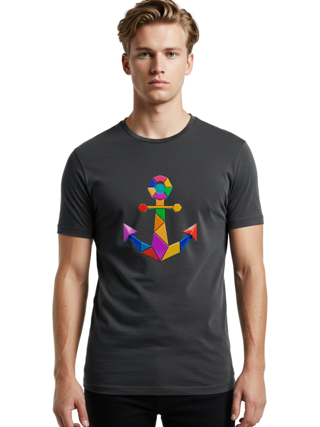 Colorful-Anchor Men'S Graphic Tee, 100% Cotton, Comfortable Casual Summer Wear, Machine Washable, Mosaic Art, Anchor Symbol, Colorful Design, Nautical Theme, Geometric Shapes, Vibrant Colors, Abstract Art, Creative Design, Modern Decoration Bae153 21