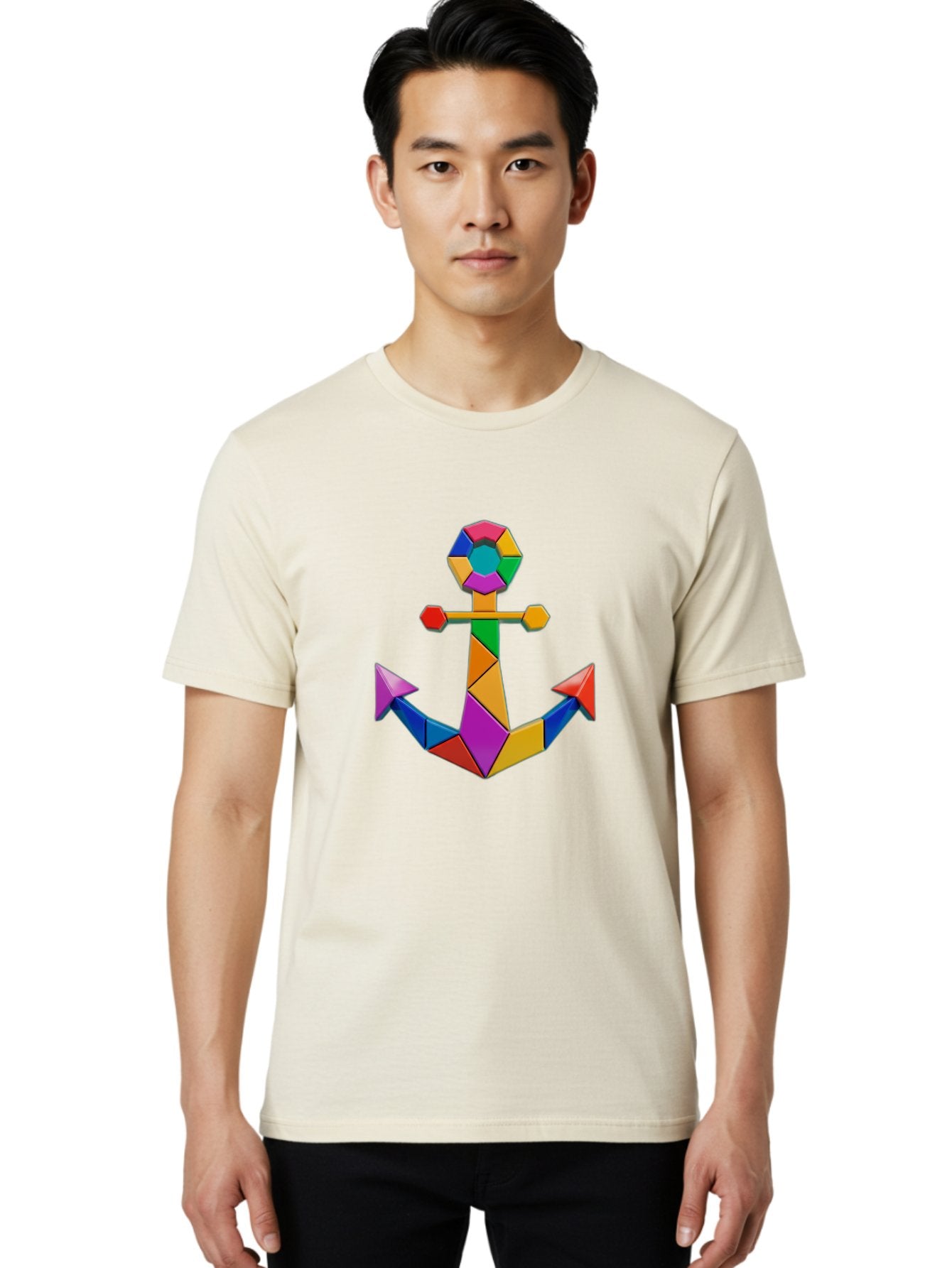 Colorful-Anchor Men'S Graphic Tee, 100% Cotton, Comfortable Casual Summer Wear, Machine Washable, Mosaic Art, Anchor Symbol, Colorful Design, Nautical Theme, Geometric Shapes, Vibrant Colors, Abstract Art, Creative Design, Modern Decoration Bae153 20