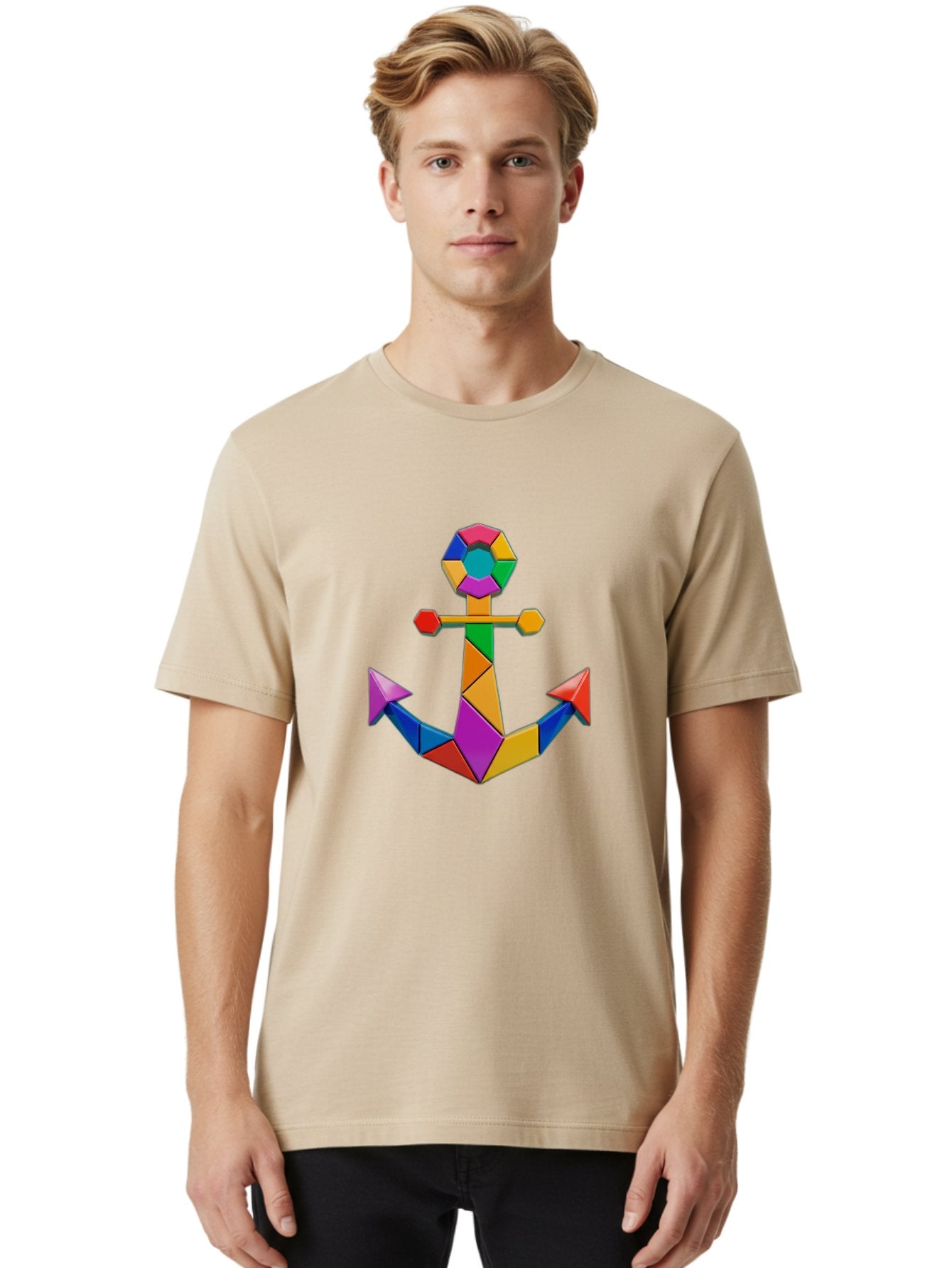 Colorful-Anchor Men'S Graphic Tee, 100% Cotton, Comfortable Casual Summer Wear, Machine Washable, Mosaic Art, Anchor Symbol, Colorful Design, Nautical Theme, Geometric Shapes, Vibrant Colors, Abstract Art, Creative Design, Modern Decoration Bae153 22