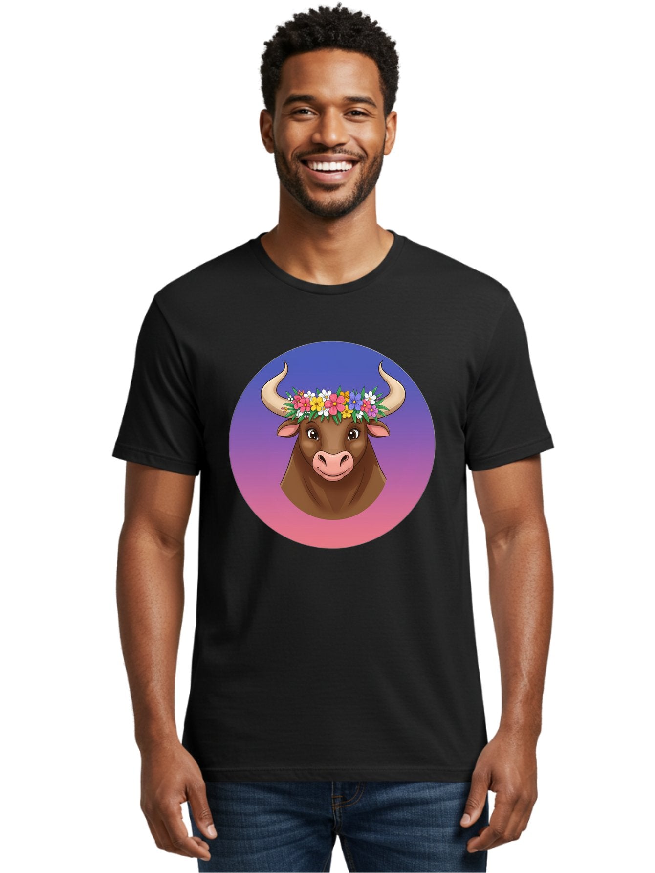 Cow-With-Flowers Men'S Graphic Tee, 100% Cotton, Comfortable Casual Summer Wear, Machine Washable, Cartoon Cow, Floral Crown, Colorful Flowers, Animal Illustration, Vibrant Colors, Whimsical Art, Happy Cow, Flower Power, Nature-Inspired Design Bae158 28