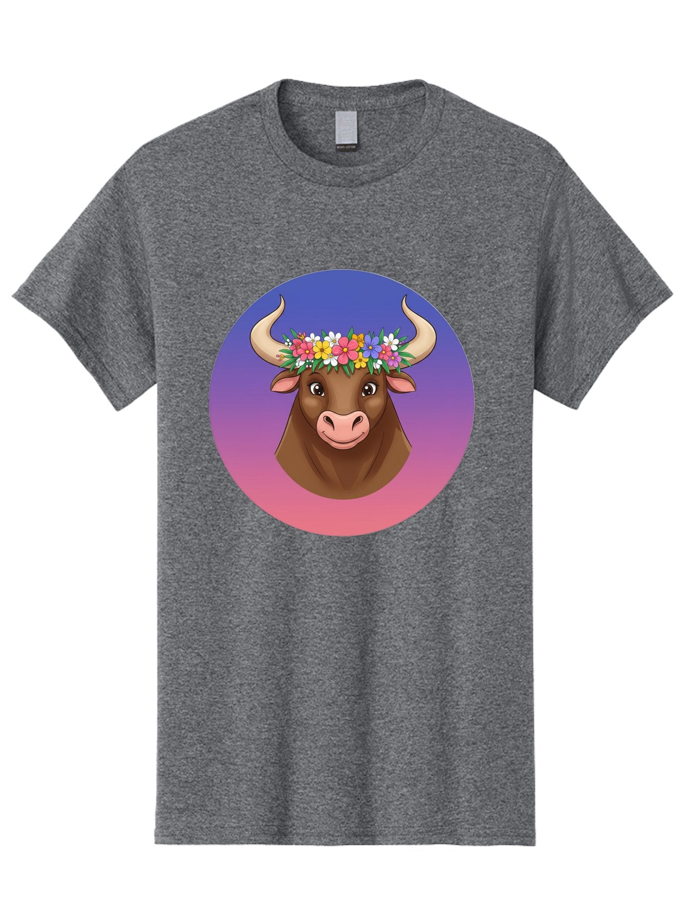 Cow-With-Flowers Men'S Graphic Tee, 100% Cotton, Comfortable Casual Summer Wear, Machine Washable, Cartoon Cow, Floral Crown, Colorful Flowers, Animal Illustration, Vibrant Colors, Whimsical Art, Happy Cow, Flower Power, Nature-Inspired Design Bae158 4