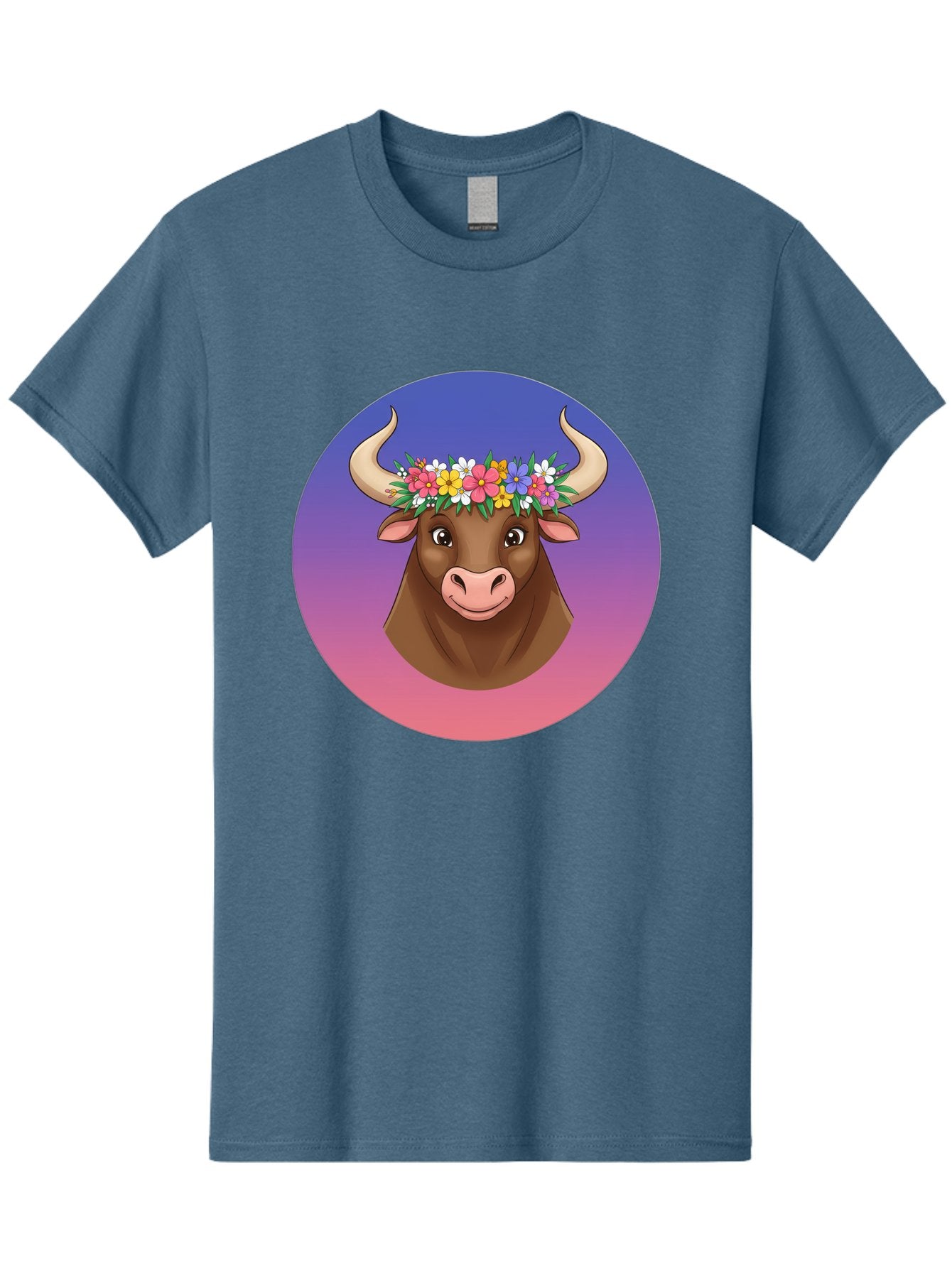 Cow-With-Flowers Men'S Graphic Tee, 100% Cotton, Comfortable Casual Summer Wear, Machine Washable, Cartoon Cow, Floral Crown, Colorful Flowers, Animal Illustration, Vibrant Colors, Whimsical Art, Happy Cow, Flower Power, Nature-Inspired Design Bae158
