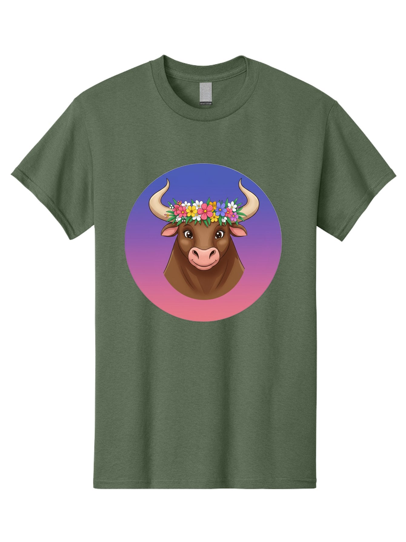 Cow-With-Flowers Men'S Graphic Tee, 100% Cotton, Comfortable Casual Summer Wear, Machine Washable, Cartoon Cow, Floral Crown, Colorful Flowers, Animal Illustration, Vibrant Colors, Whimsical Art, Happy Cow, Flower Power, Nature-Inspired Design Bae158