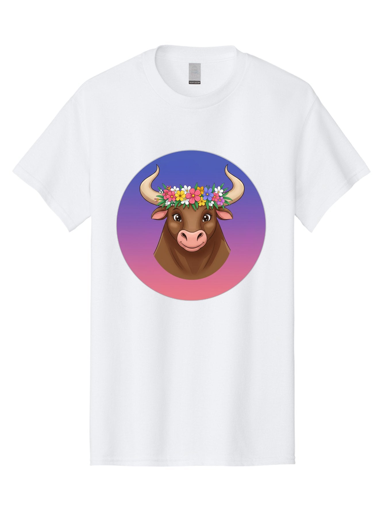 Cow-With-Flowers Men'S Graphic Tee, 100% Cotton, Comfortable Casual Summer Wear, Machine Washable, Cartoon Cow, Floral Crown, Colorful Flowers, Animal Illustration, Vibrant Colors, Whimsical Art, Happy Cow, Flower Power, Nature-Inspired Design Bae158 5