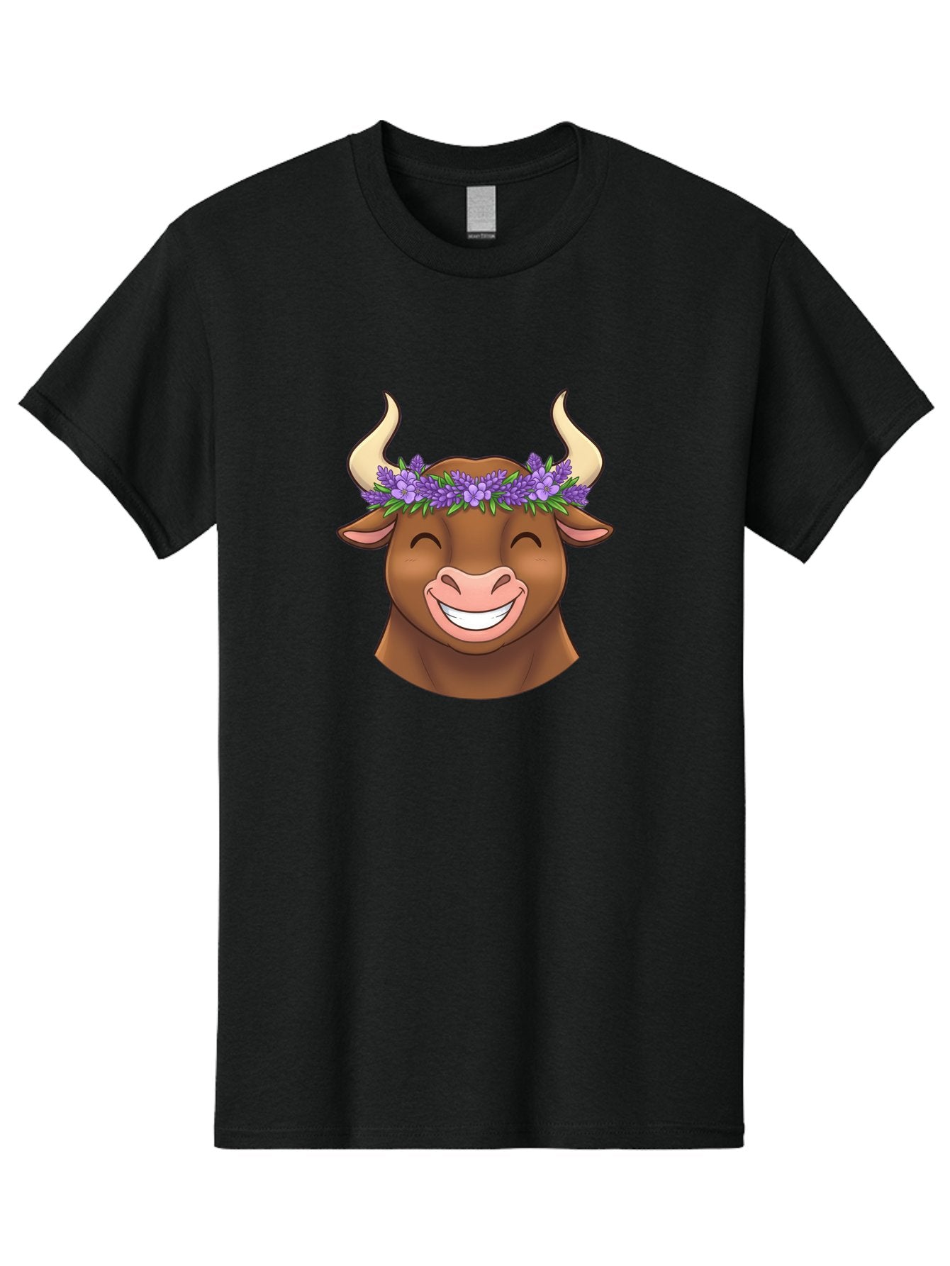 Cow-With-Lavender-Flowers Men'S Graphic Tee, 100% Cotton, Comfortable Casual Summer Wear, Machine Washable, Cartoon Bull Head, Smiling Face, Lavender Flowers, Crown Of Flowers, Happy Animal, Cartoon Character, Bull With Horns, Bae159