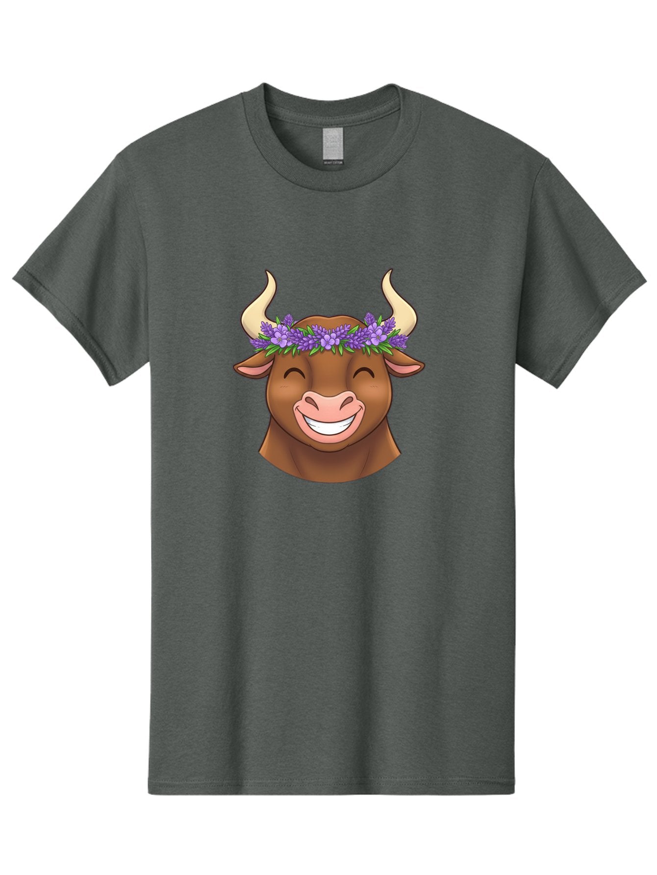 Cow-With-Lavender-Flowers Men'S Graphic Tee, 100% Cotton, Comfortable Casual Summer Wear, Machine Washable, Cartoon Bull Head, Smiling Face, Lavender Flowers, Crown Of Flowers, Happy Animal, Cartoon Character, Bull With Horns, Bae159 11