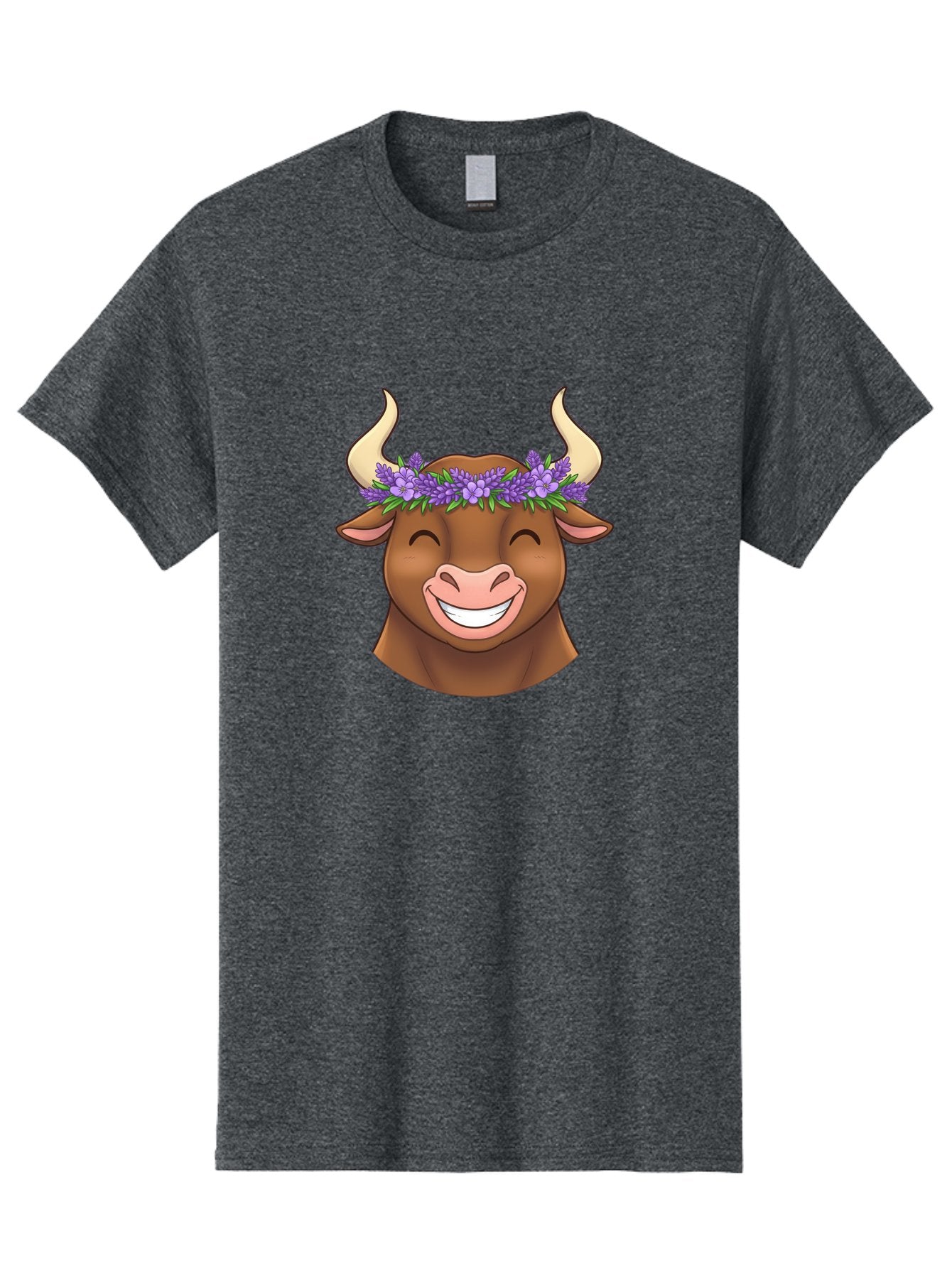 Cow-With-Lavender-Flowers Men'S Graphic Tee, 100% Cotton, Comfortable Casual Summer Wear, Machine Washable, Cartoon Bull Head, Smiling Face, Lavender Flowers, Crown Of Flowers, Happy Animal, Cartoon Character, Bull With Horns, Bae159 8