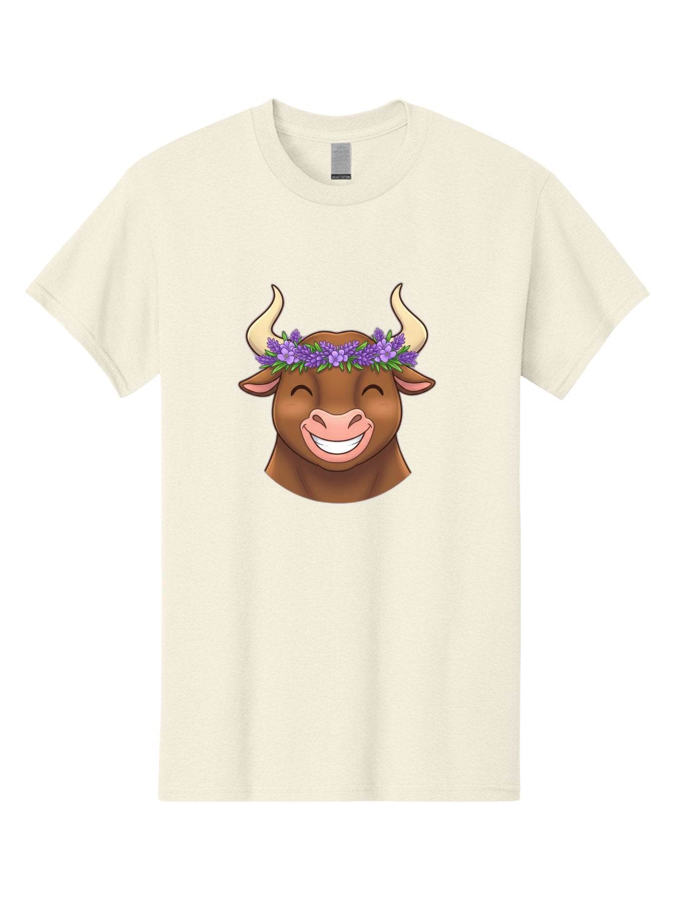 Cow-With-Lavender-Flowers Men'S Graphic Tee, 100% Cotton, Comfortable Casual Summer Wear, Machine Washable, Cartoon Bull Head, Smiling Face, Lavender Flowers, Crown Of Flowers, Happy Animal, Cartoon Character, Bull With Horns, Bae159 13