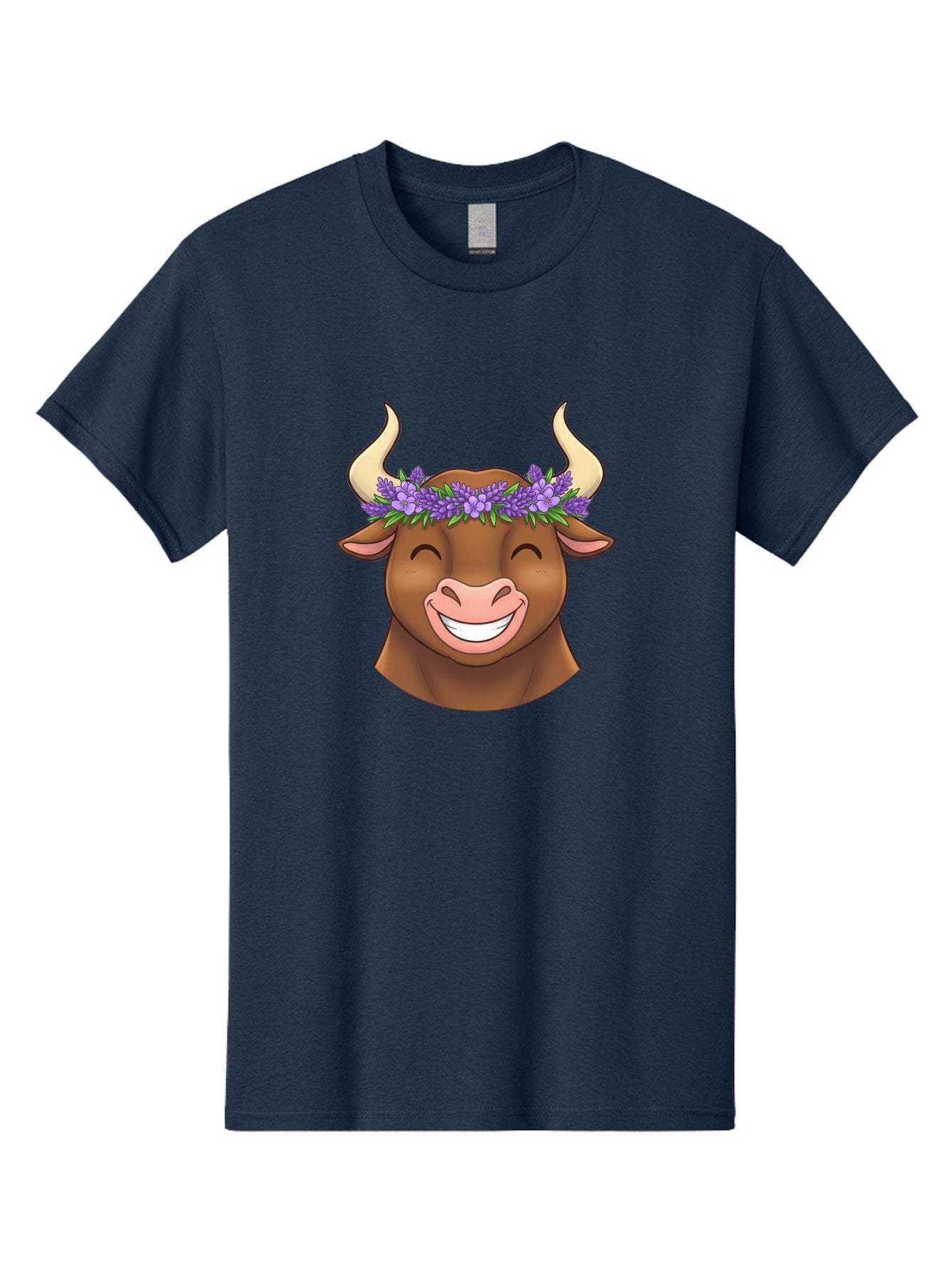 Cow-With-Lavender-Flowers Men'S Graphic Tee, 100% Cotton, Comfortable Casual Summer Wear, Machine Washable, Cartoon Bull Head, Smiling Face, Lavender Flowers, Crown Of Flowers, Happy Animal, Cartoon Character, Bull With Horns, Bae159 3