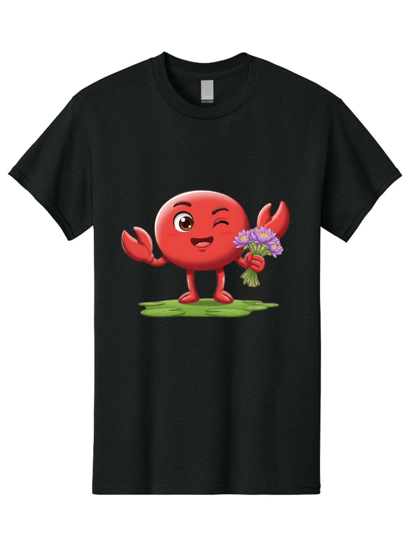 Crab-Character Men'S Graphic Tee, 100% Cotton, Comfortable Casual Summer Wear, Machine Washable, Cartoon Crab, Round Body, Red Crustacean, Happy Expression, Winking Eye, Waving Claw, Holding Flowers, Purple Blooms, Green Lily Pad, Bae160 11