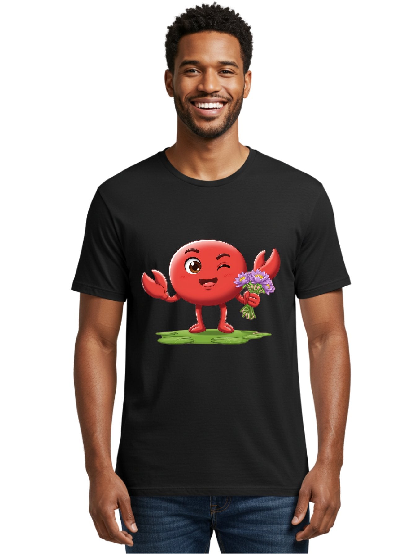 Crab-Character Men'S Graphic Tee, 100% Cotton, Comfortable Casual Summer Wear, Machine Washable, Cartoon Crab, Round Body, Red Crustacean, Happy Expression, Winking Eye, Waving Claw, Holding Flowers, Purple Blooms, Green Lily Pad, Bae160 27