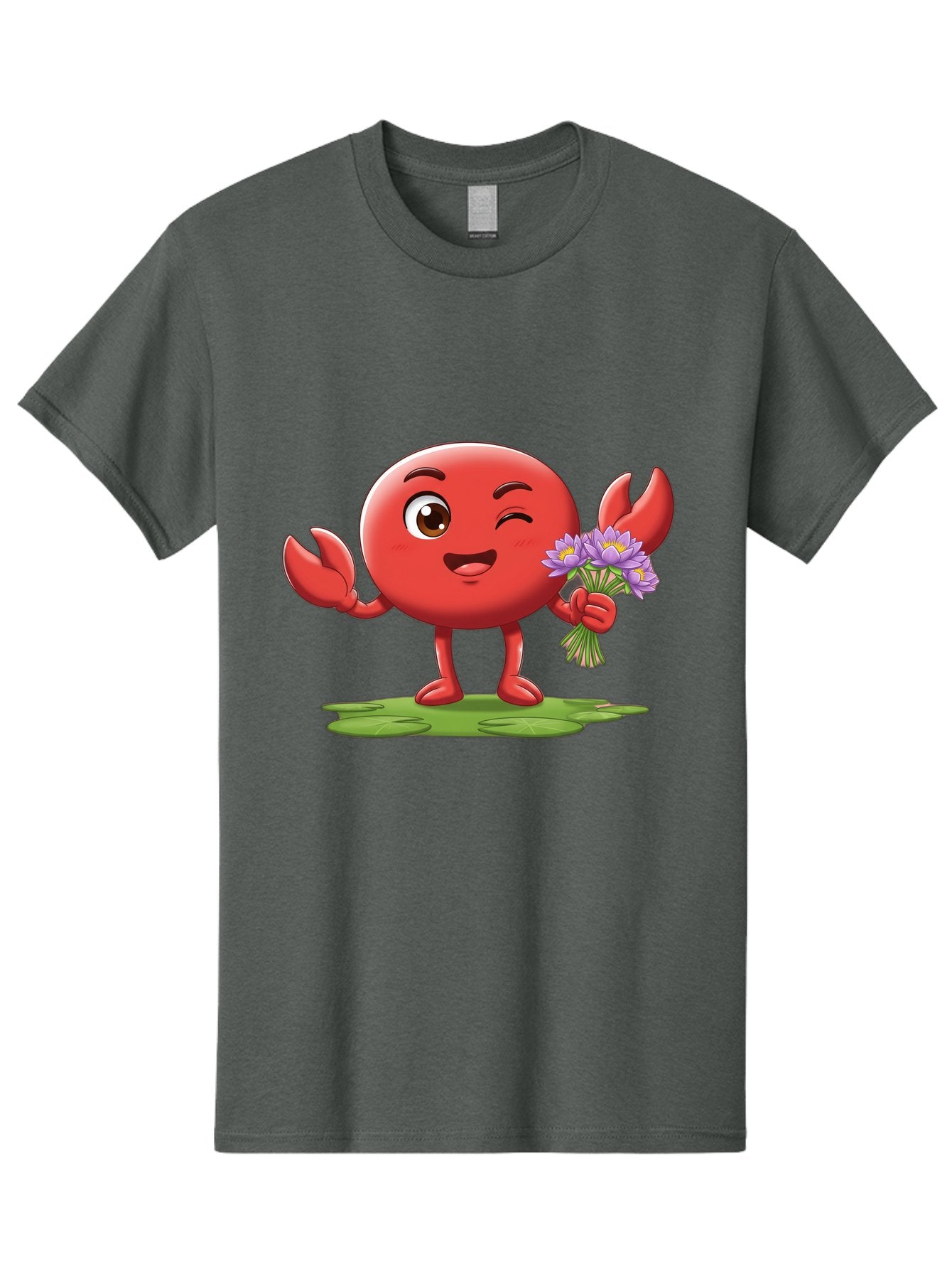 Crab-Character Men'S Graphic Tee, 100% Cotton, Comfortable Casual Summer Wear, Machine Washable, Cartoon Crab, Round Body, Red Crustacean, Happy Expression, Winking Eye, Waving Claw, Holding Flowers, Purple Blooms, Green Lily Pad, Bae160 8
