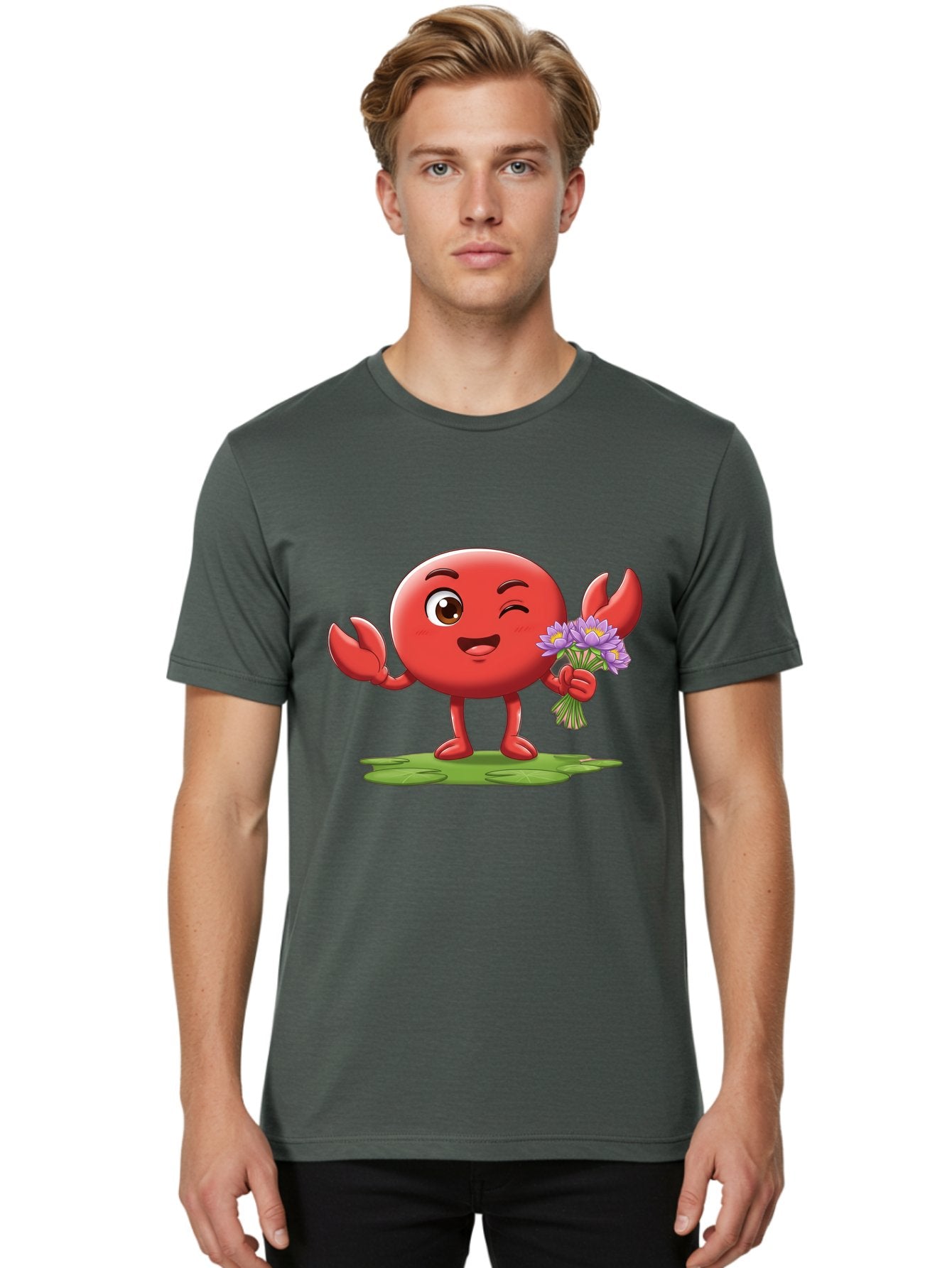 Crab-Character Men'S Graphic Tee, 100% Cotton, Comfortable Casual Summer Wear, Machine Washable, Cartoon Crab, Round Body, Red Crustacean, Happy Expression, Winking Eye, Waving Claw, Holding Flowers, Purple Blooms, Green Lily Pad, Bae160 25