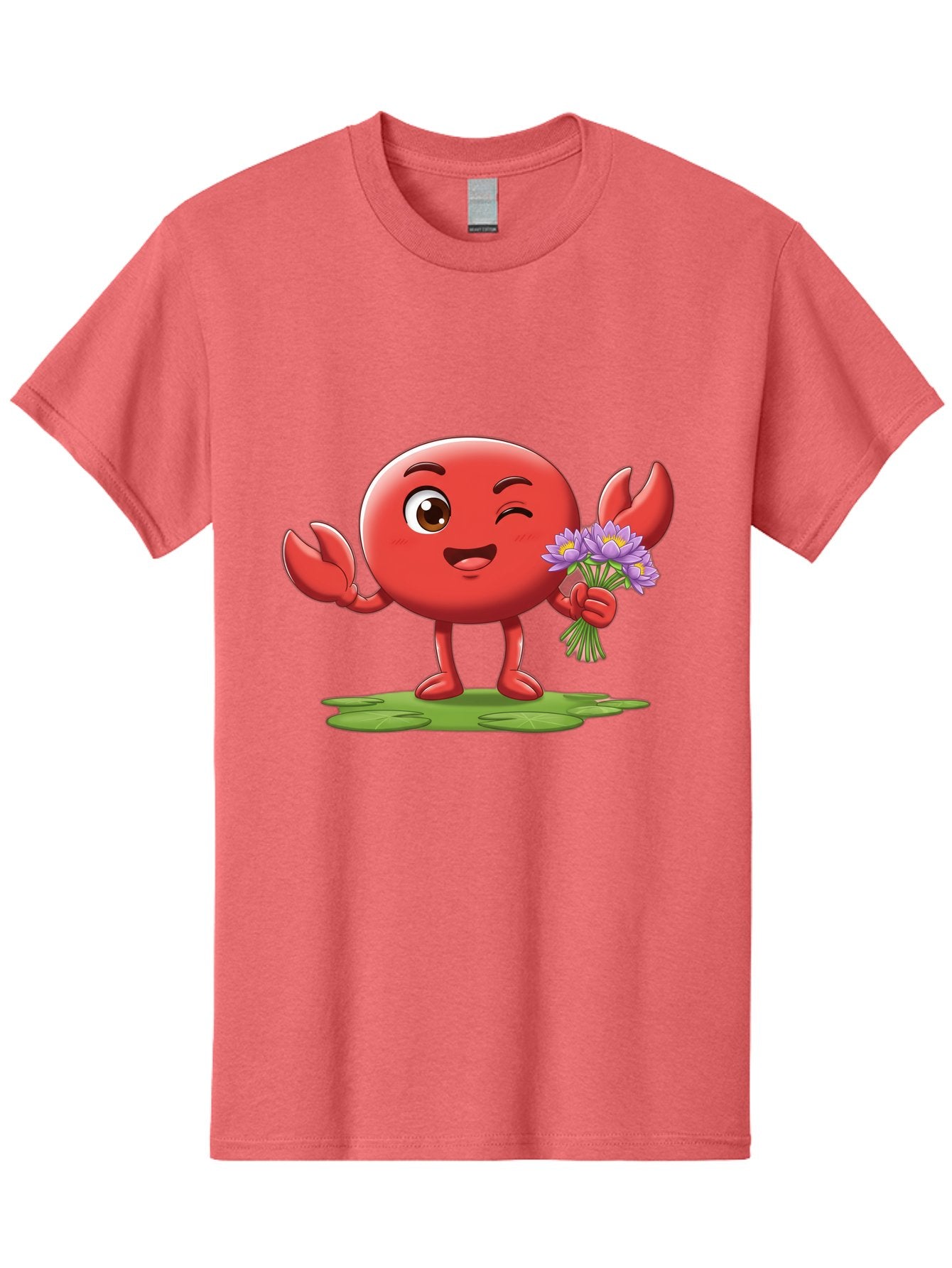 Crab-Character Men'S Graphic Tee, 100% Cotton, Comfortable Casual Summer Wear, Machine Washable, Cartoon Crab, Round Body, Red Crustacean, Happy Expression, Winking Eye, Waving Claw, Holding Flowers, Purple Blooms, Green Lily Pad, Bae160 7