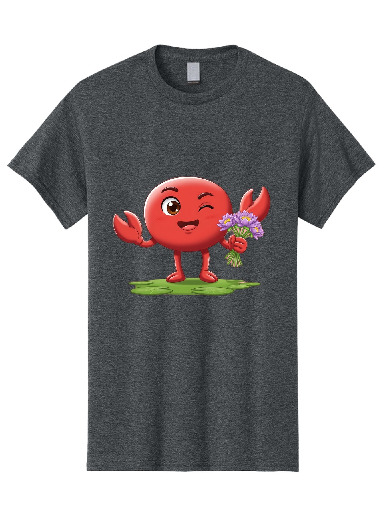 Crab-Character Men'S Graphic Tee, 100% Cotton, Comfortable Casual Summer Wear, Machine Washable, Cartoon Crab, Round Body, Red Crustacean, Happy Expression, Winking Eye, Waving Claw, Holding Flowers, Purple Blooms, Green Lily Pad, Bae160 13