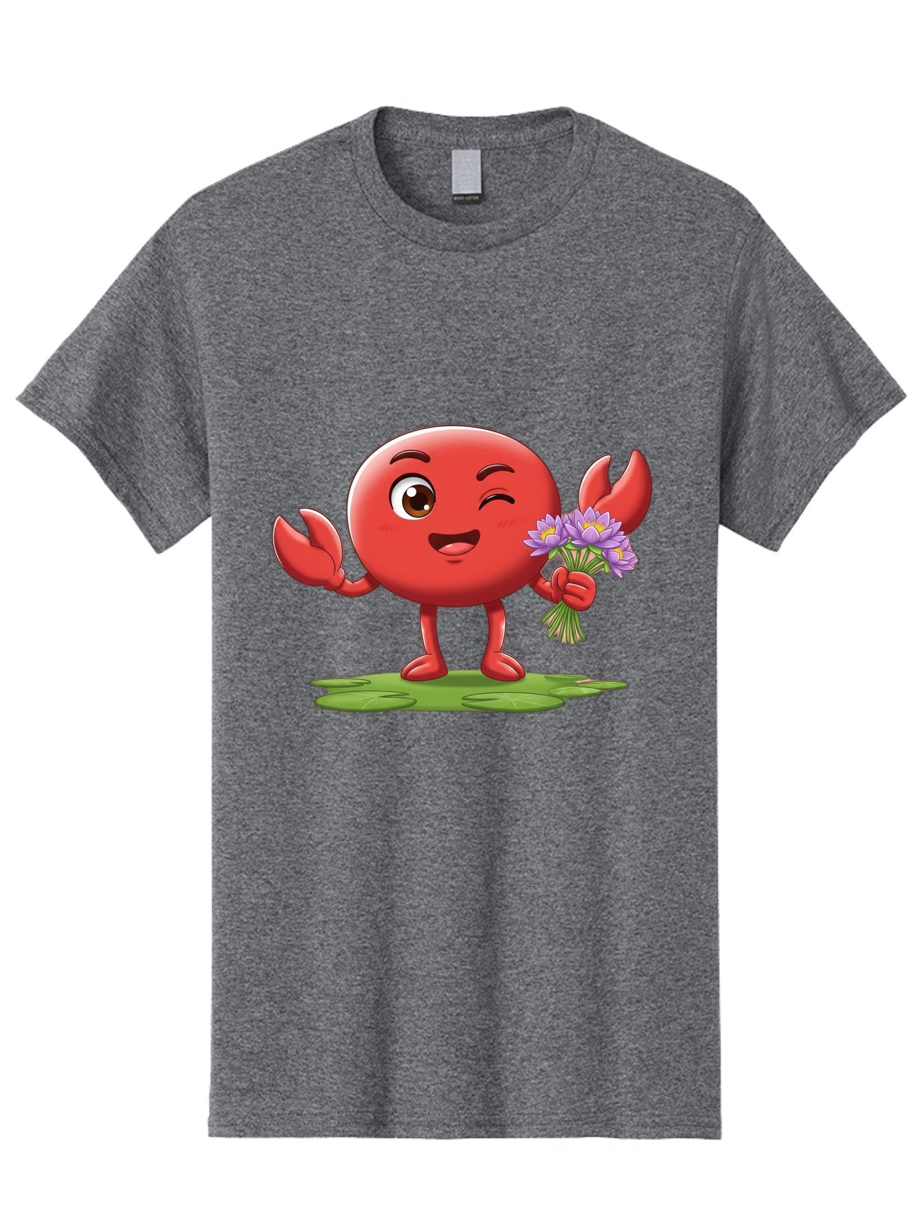 Crab-Character Men'S Graphic Tee, 100% Cotton, Comfortable Casual Summer Wear, Machine Washable, Cartoon Crab, Round Body, Red Crustacean, Happy Expression, Winking Eye, Waving Claw, Holding Flowers, Purple Blooms, Green Lily Pad, Bae160 4