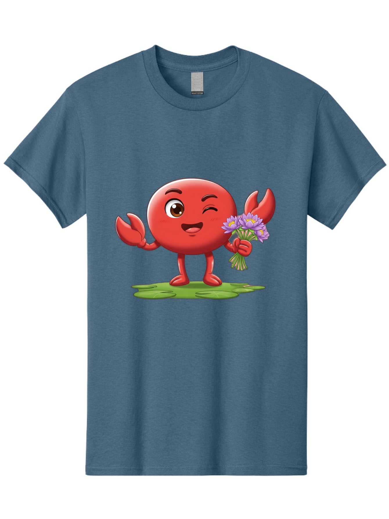 Crab-Character Men'S Graphic Tee, 100% Cotton, Comfortable Casual Summer Wear, Machine Washable, Cartoon Crab, Round Body, Red Crustacean, Happy Expression, Winking Eye, Waving Claw, Holding Flowers, Purple Blooms, Green Lily Pad, Bae160